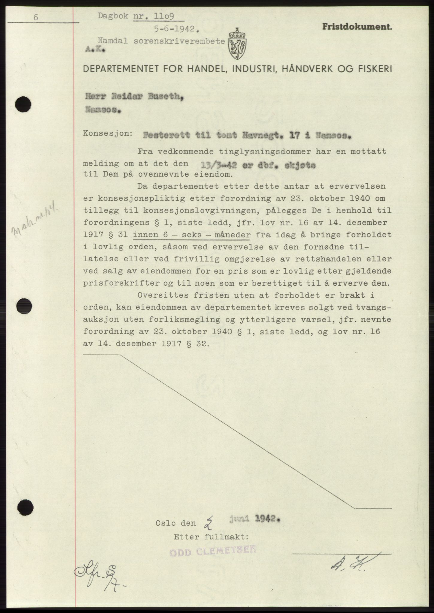 Namdal sorenskriveri, SAT/A-4133/1/2/2C: Pantebok nr. -, 1941-1942, Dagboknr: 1109/1942