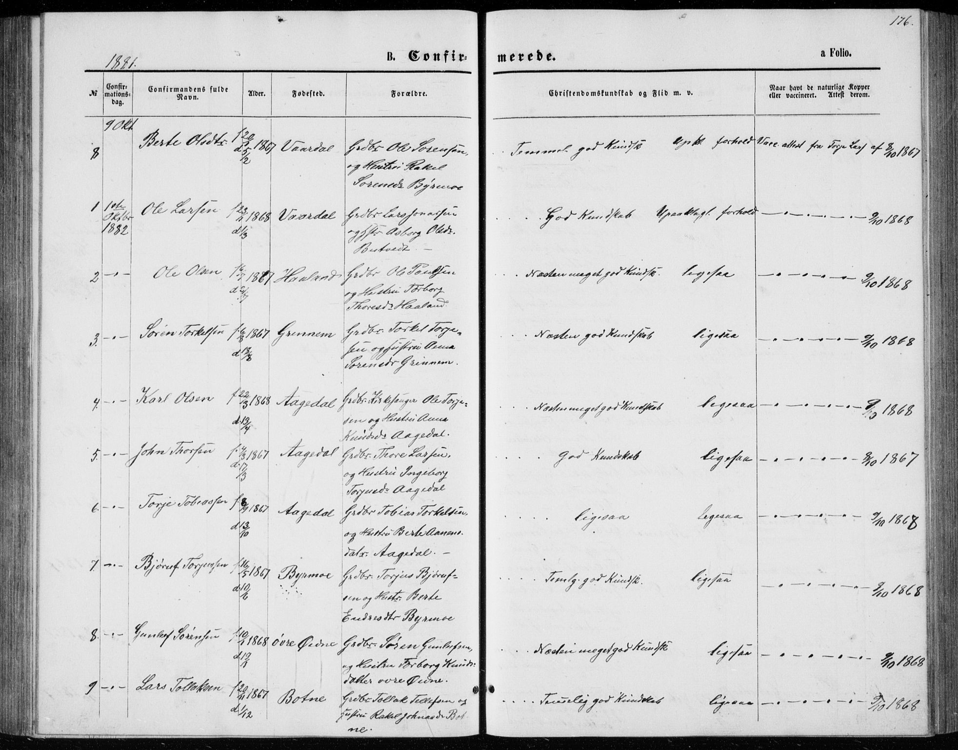 Bjelland sokneprestkontor, SAK/1111-0005/F/Fb/Fbc/L0002: Klokkerbok nr. B 2, 1867-1887, s. 176