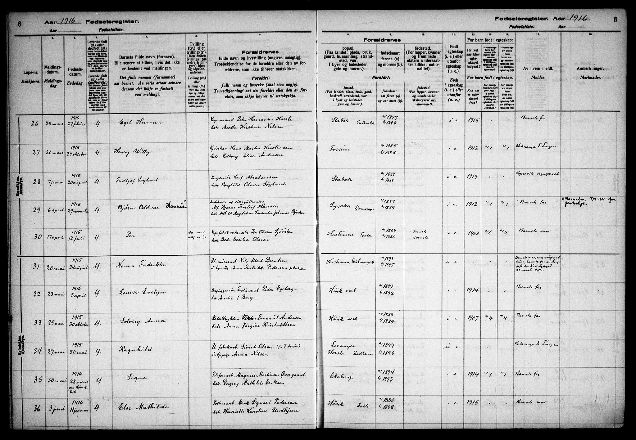 Østre Bærum prestekontor Kirkebøker, SAO/A-10887/J/Ja/L0001: Fødselsregister nr. 1, 1916-1922, s. 6