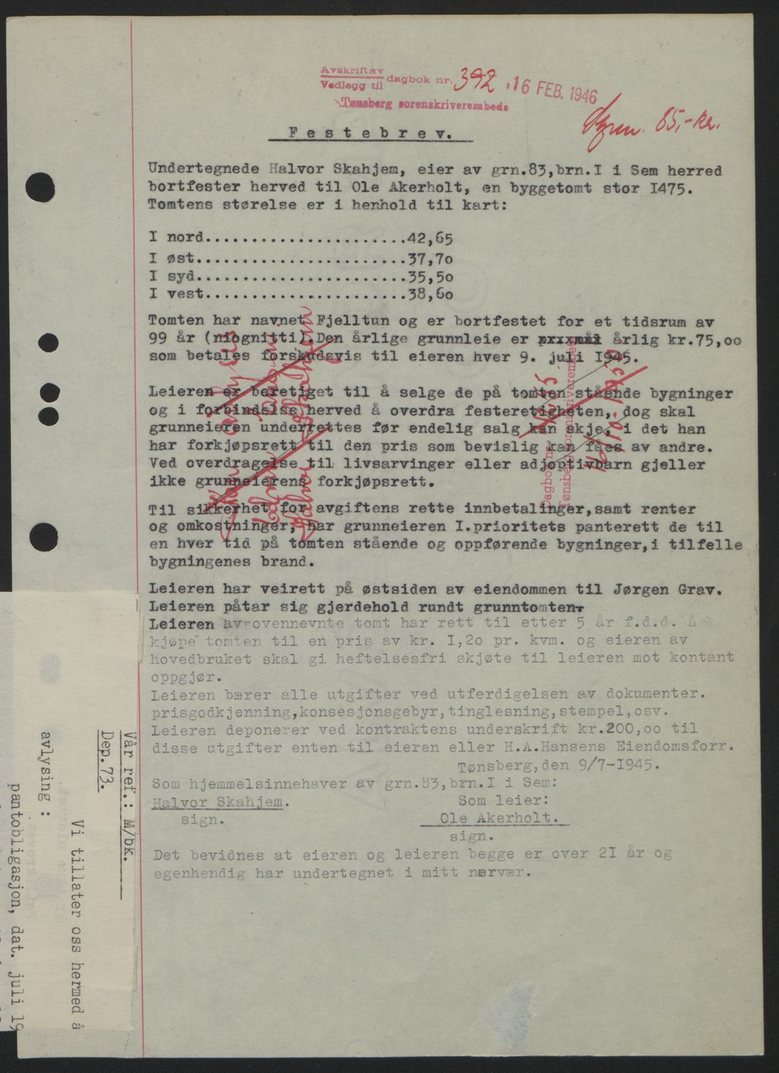 Jarlsberg sorenskriveri, SAKO/A-131/G/Ga/Gaa/L0018b: Pantebok nr. A-18b, 1946-1946, Dagboknr: 392/1946