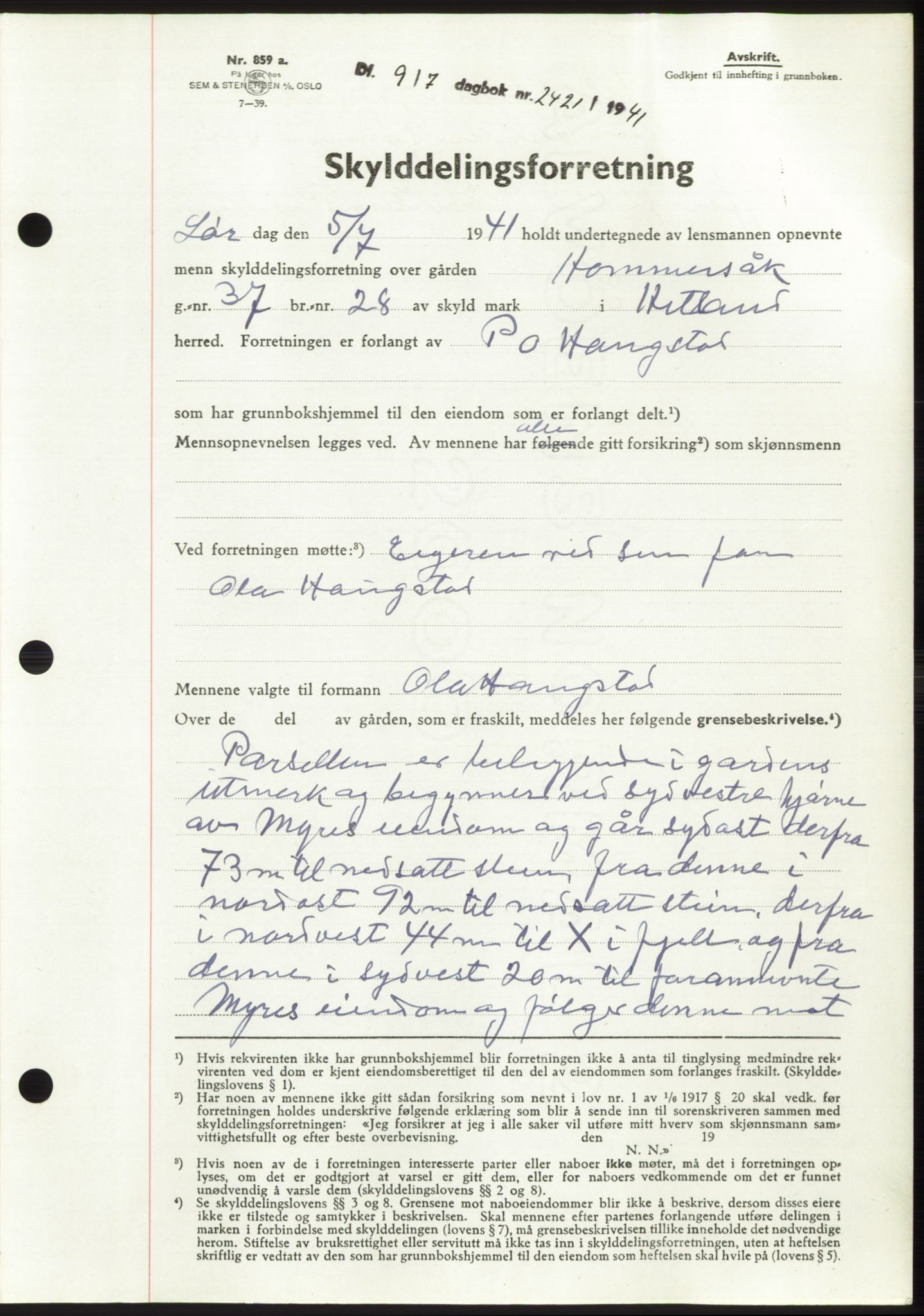 Jæren sorenskriveri, SAST/A-100310/03/G/Gba/L0080: Pantebok, 1941-1941, Dagboknr: 2421/1941