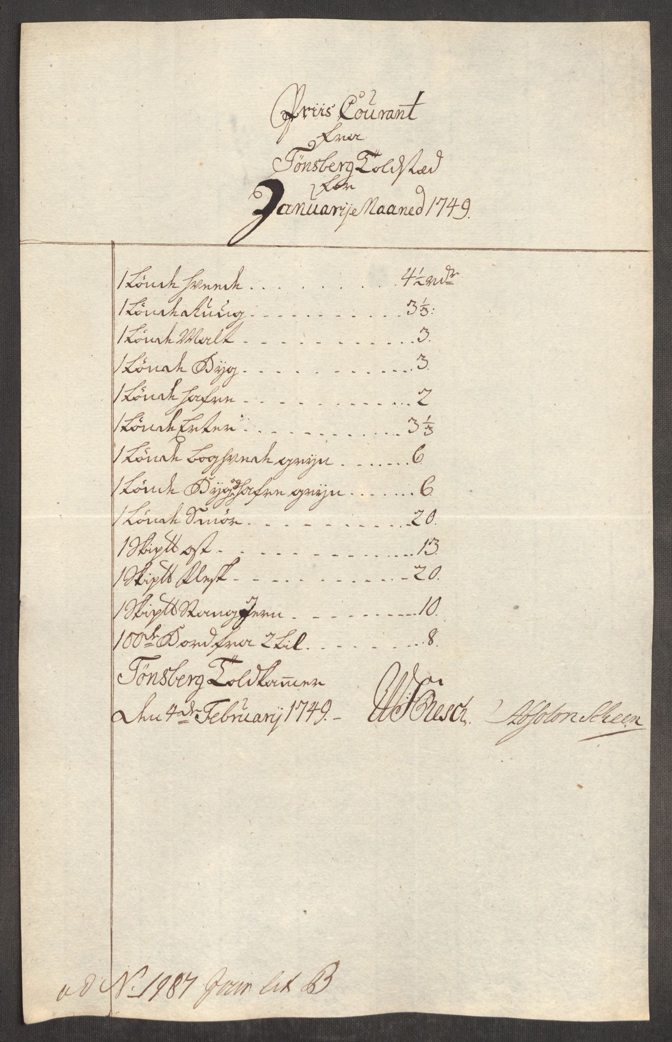 Rentekammeret inntil 1814, Realistisk ordnet avdeling, AV/RA-EA-4070/Oe/L0004: [Ø1]: Priskuranter, 1749-1752, s. 82