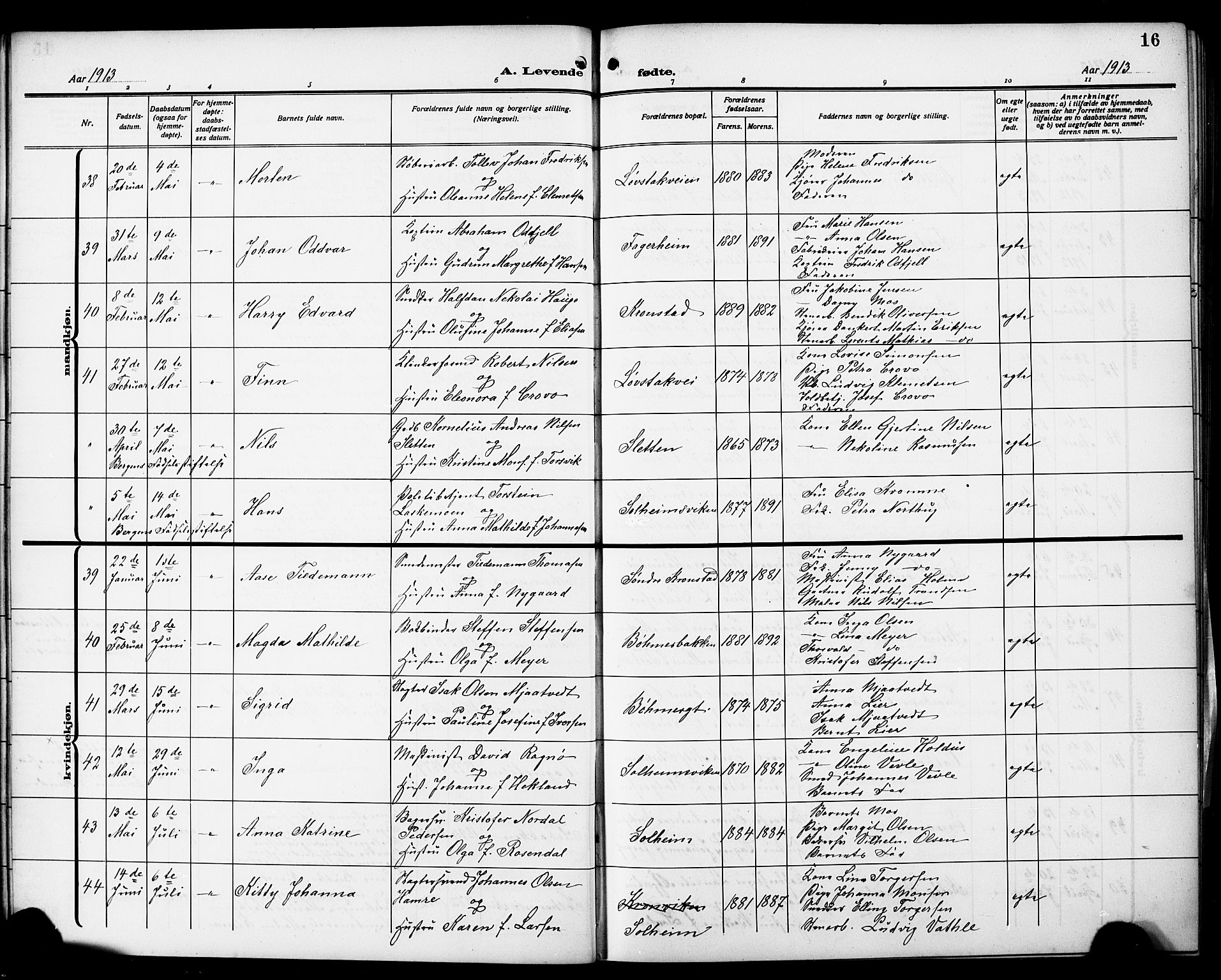 Årstad Sokneprestembete, AV/SAB-A-79301/H/Hab/L0003: Klokkerbok nr. A 3, 1912-1921, s. 16
