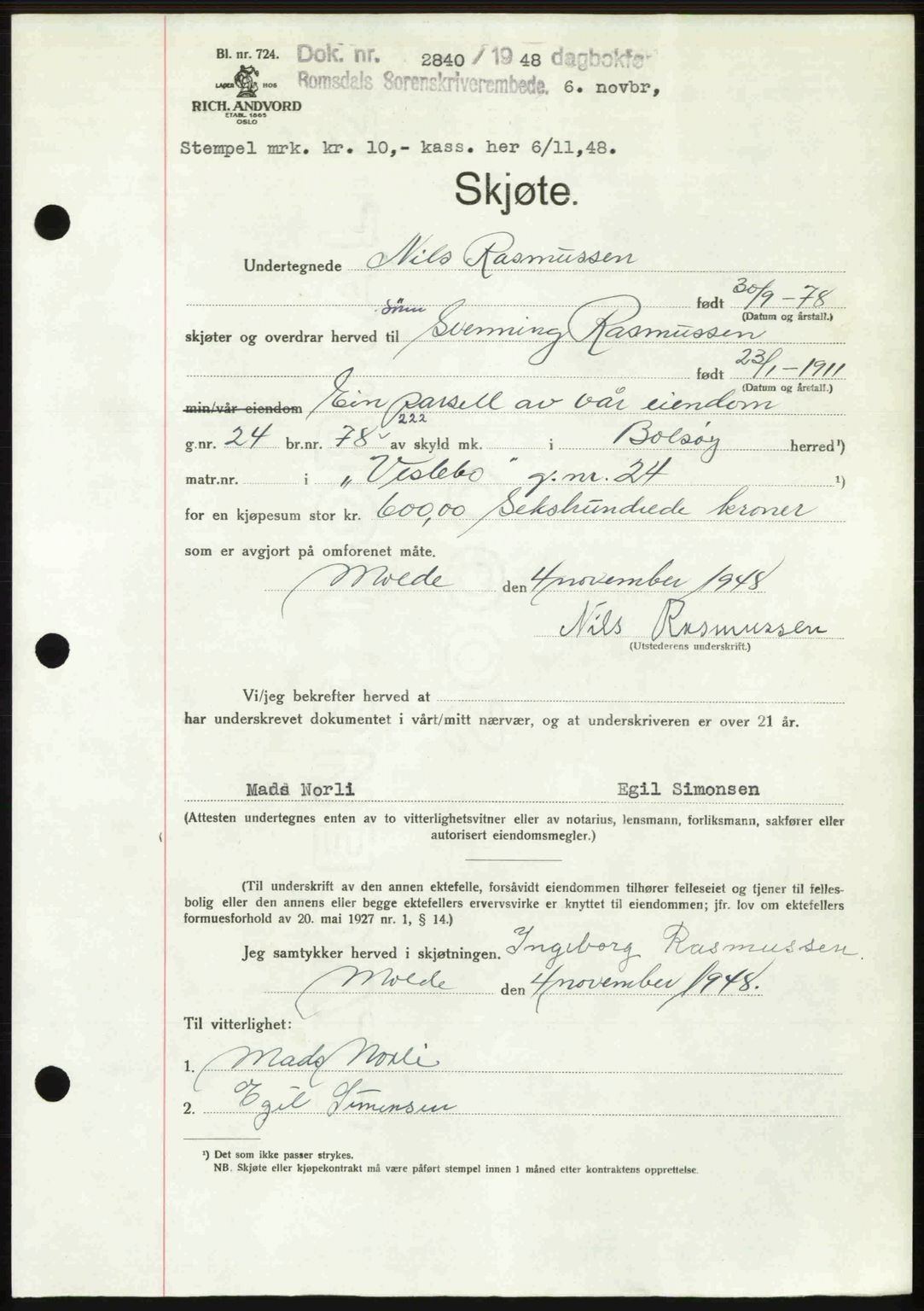 Romsdal sorenskriveri, SAT/A-4149/1/2/2C: Pantebok nr. A27, 1948-1948, Dagboknr: 2840/1948