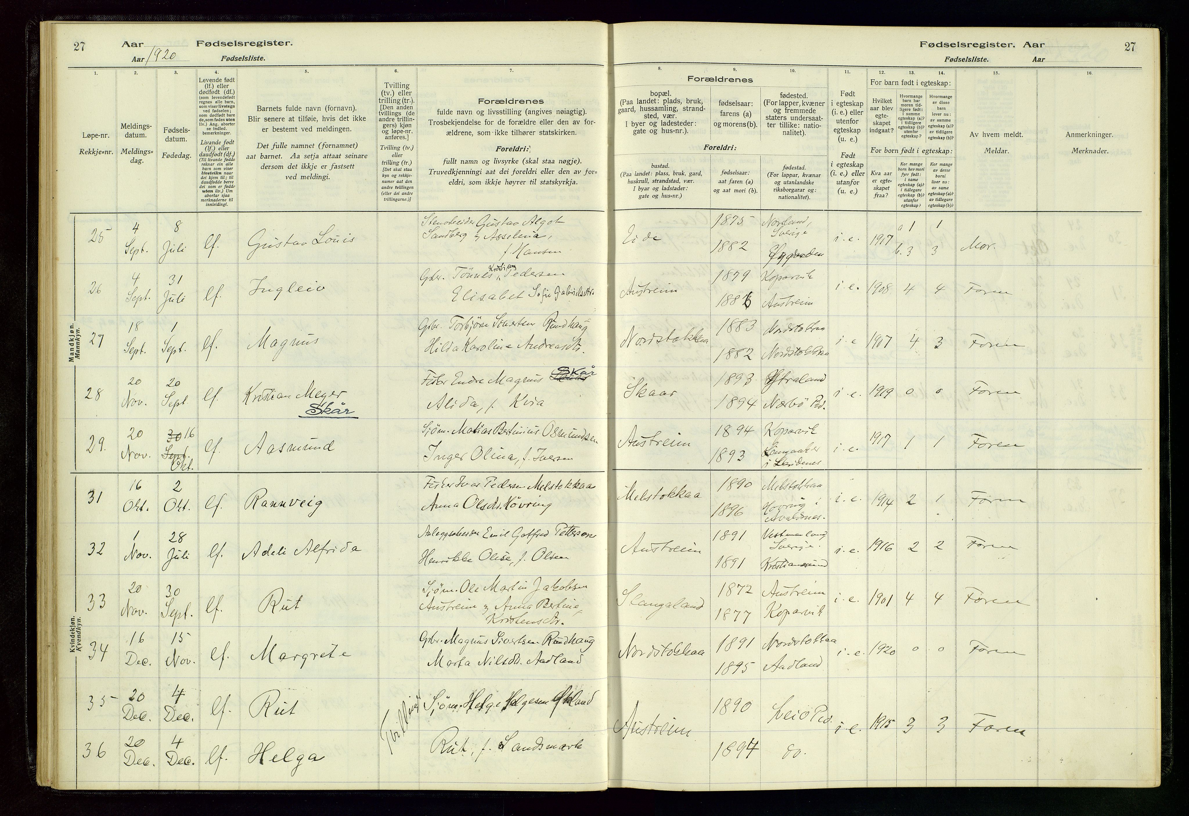 Kopervik sokneprestkontor, AV/SAST-A-101850/I/Id/L0004: Fødselsregister nr. 4, 1916-1958, s. 27