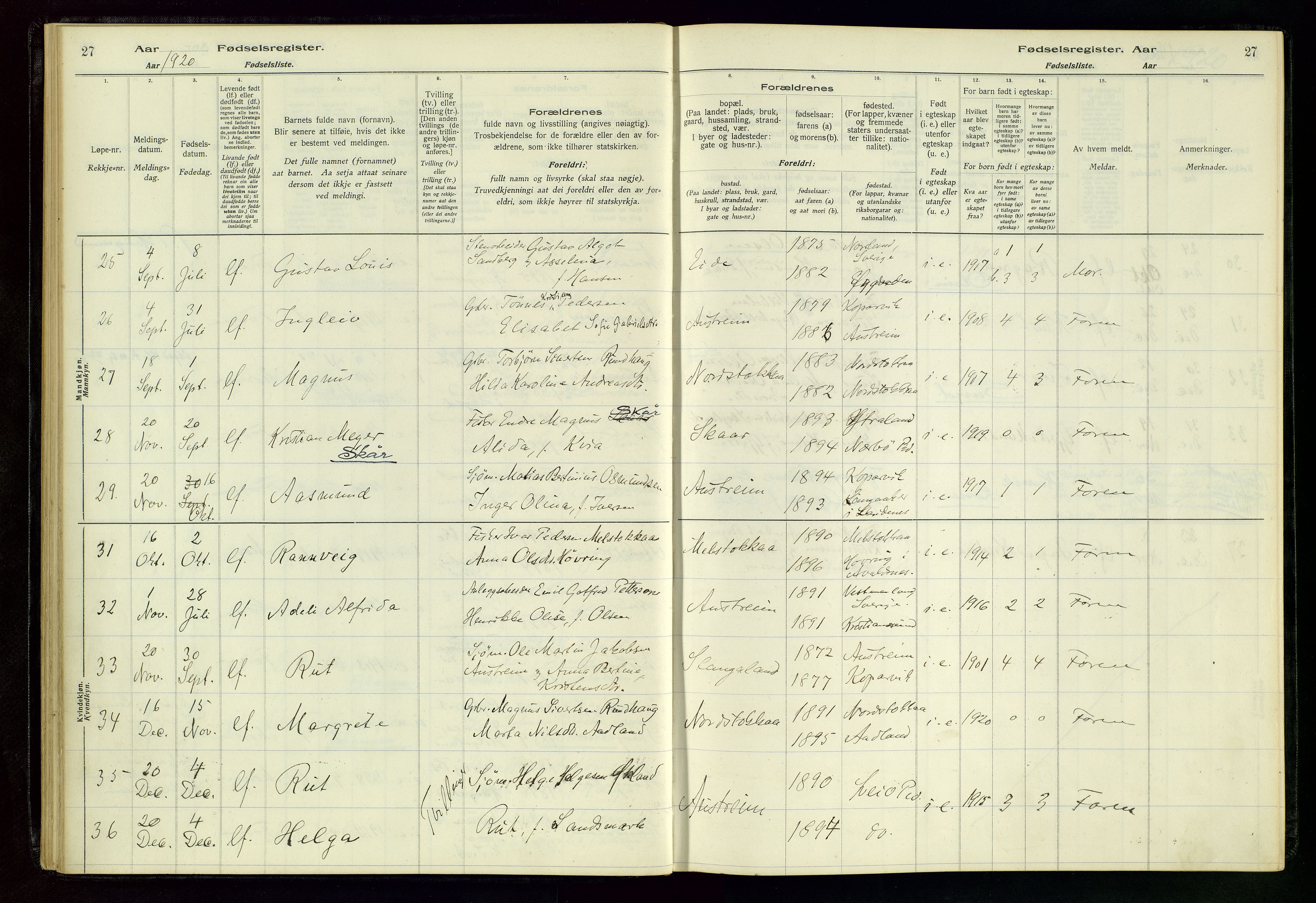 Kopervik sokneprestkontor, SAST/A-101850/I/Id/L0004: Fødselsregister nr. 4, 1916-1958, s. 27