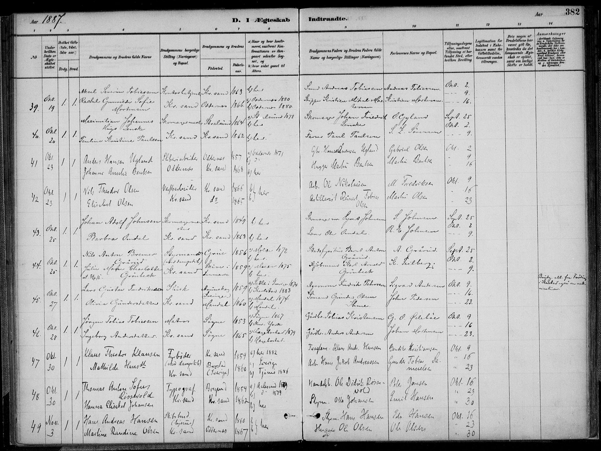 Kristiansand domprosti, AV/SAK-1112-0006/F/Fa/L0017: Ministerialbok nr. A 16B, 1880-1890, s. 382
