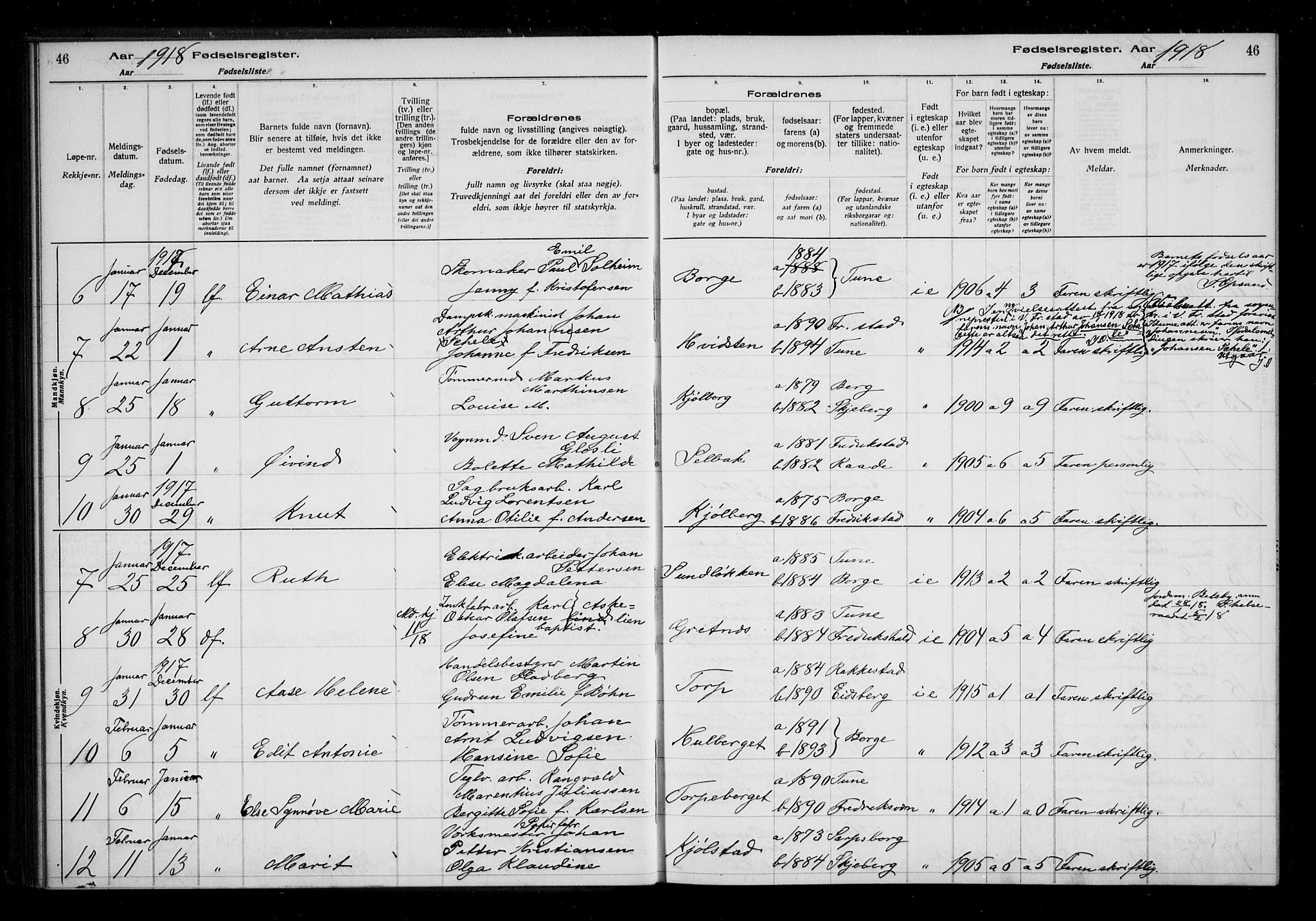 Borge prestekontor Kirkebøker, AV/SAO-A-10903/J/Ja/L0001: Fødselsregister nr. I 1, 1916-1925, s. 46