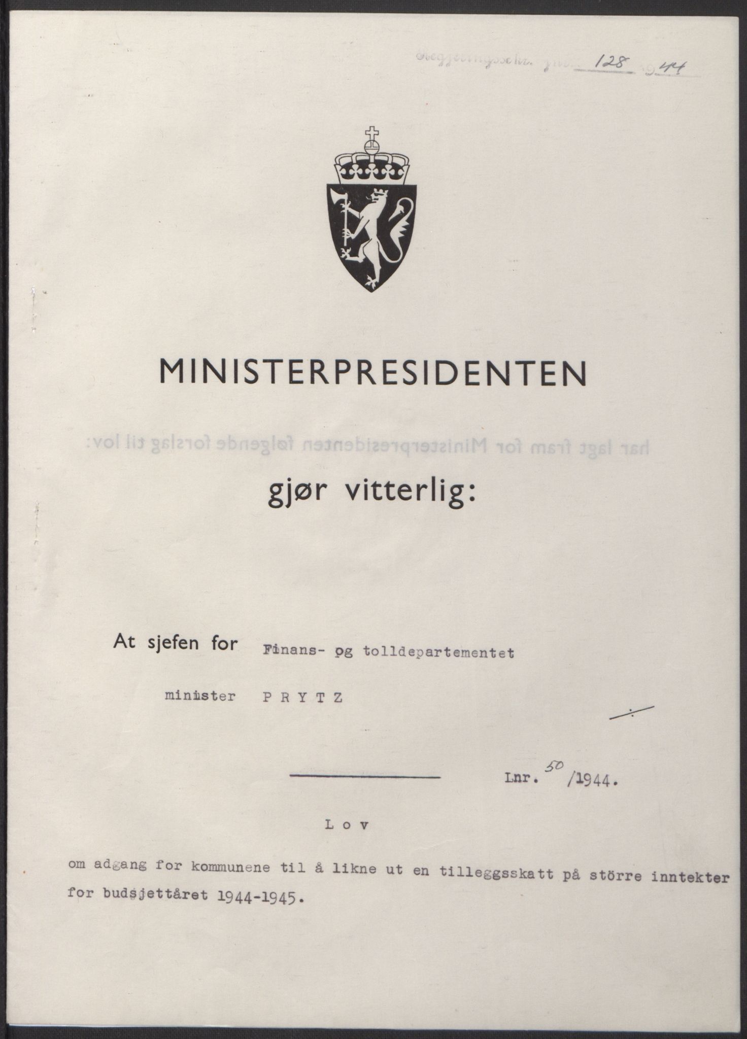 NS-administrasjonen 1940-1945 (Statsrådsekretariatet, de kommisariske statsråder mm), AV/RA-S-4279/D/Db/L0100: Lover, 1944, s. 235