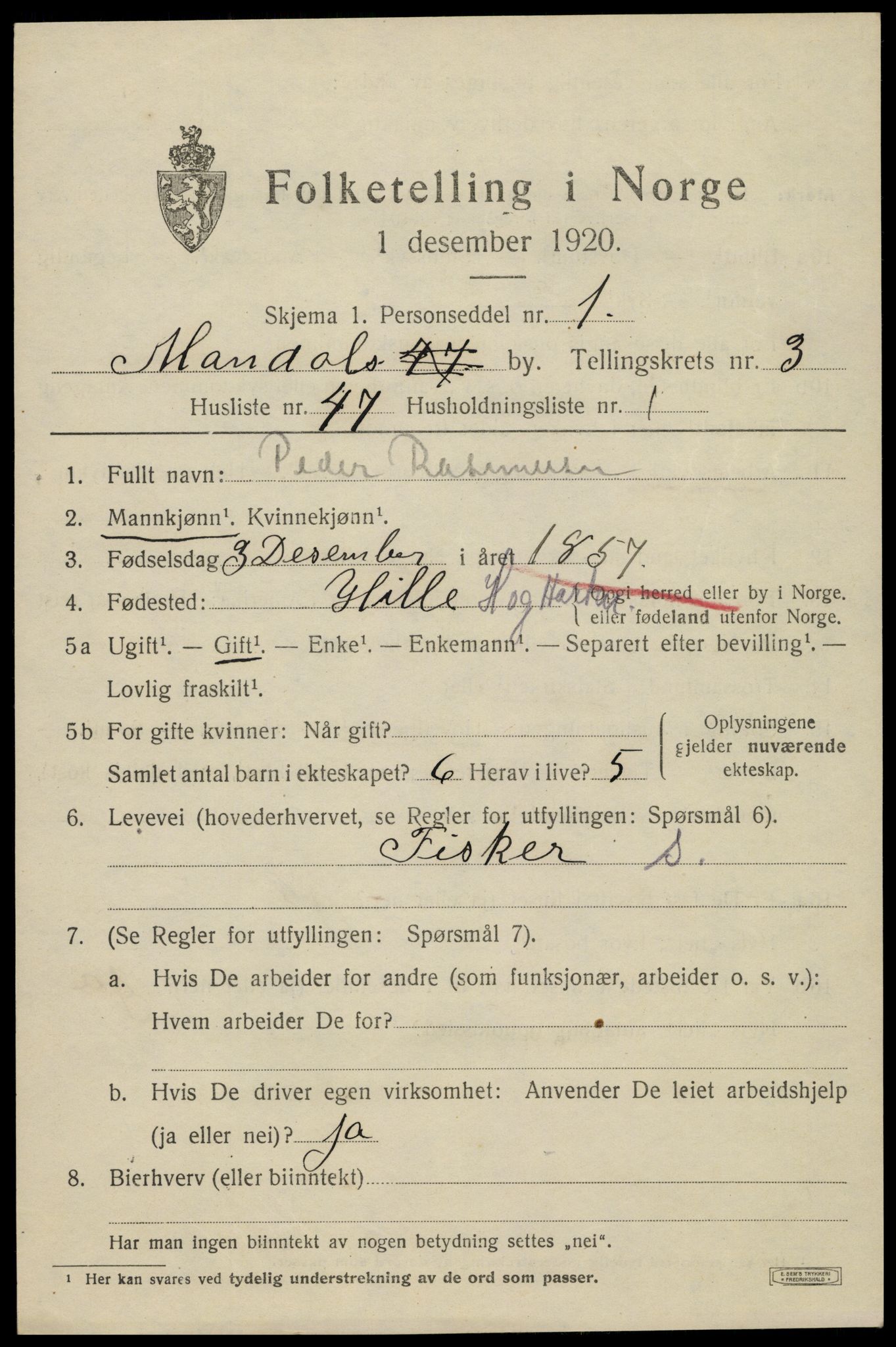 SAK, Folketelling 1920 for 1002 Mandal ladested, 1920, s. 5905