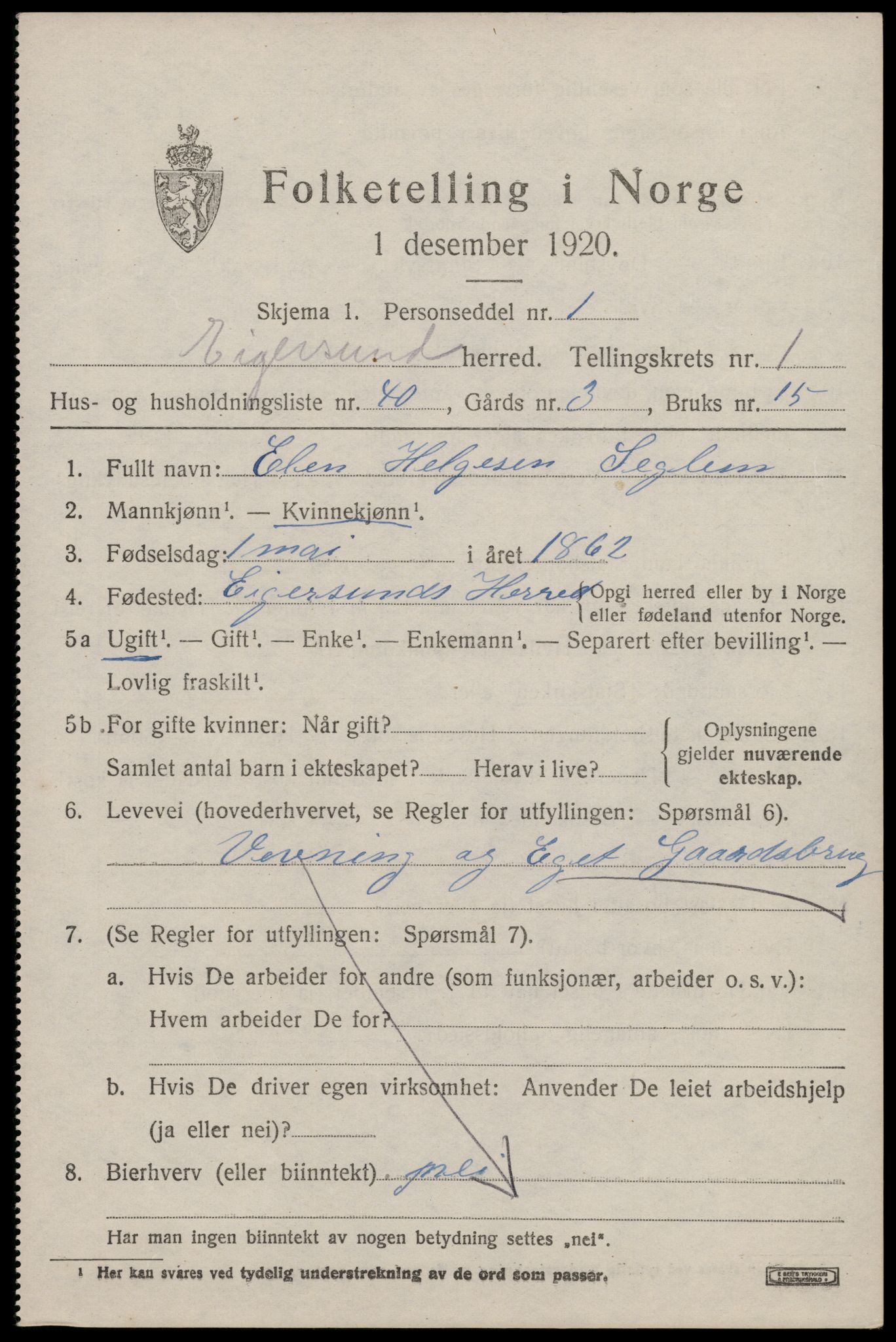 SAST, Folketelling 1920 for 1116 Eigersund herred, 1920, s. 1613