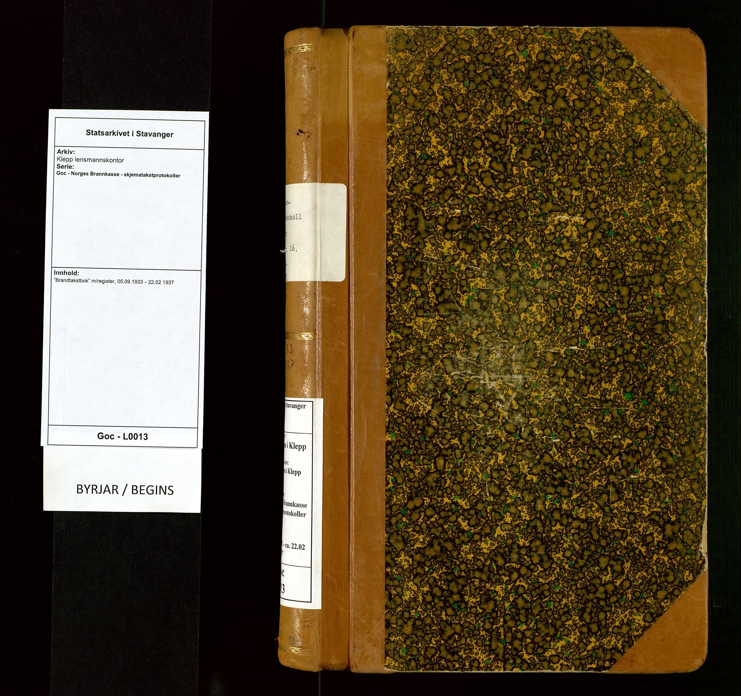 Klepp lensmannskontor, AV/SAST-A-100163/Goc/L0013: "Brandtakstbok" m/register, 1933-1937