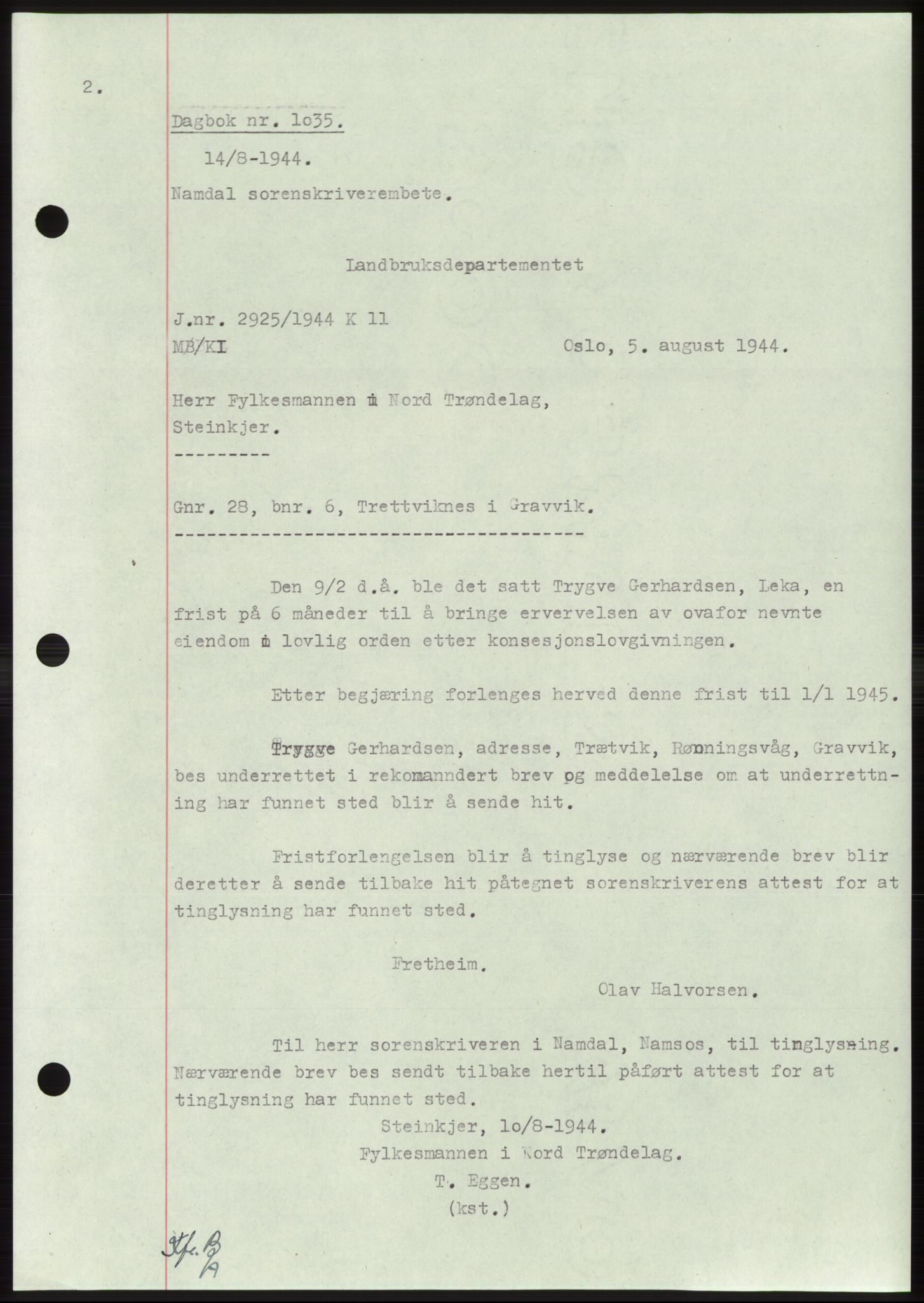 Namdal sorenskriveri, SAT/A-4133/1/2/2C: Pantebok nr. -, 1944-1945, Dagboknr: 1035/1944