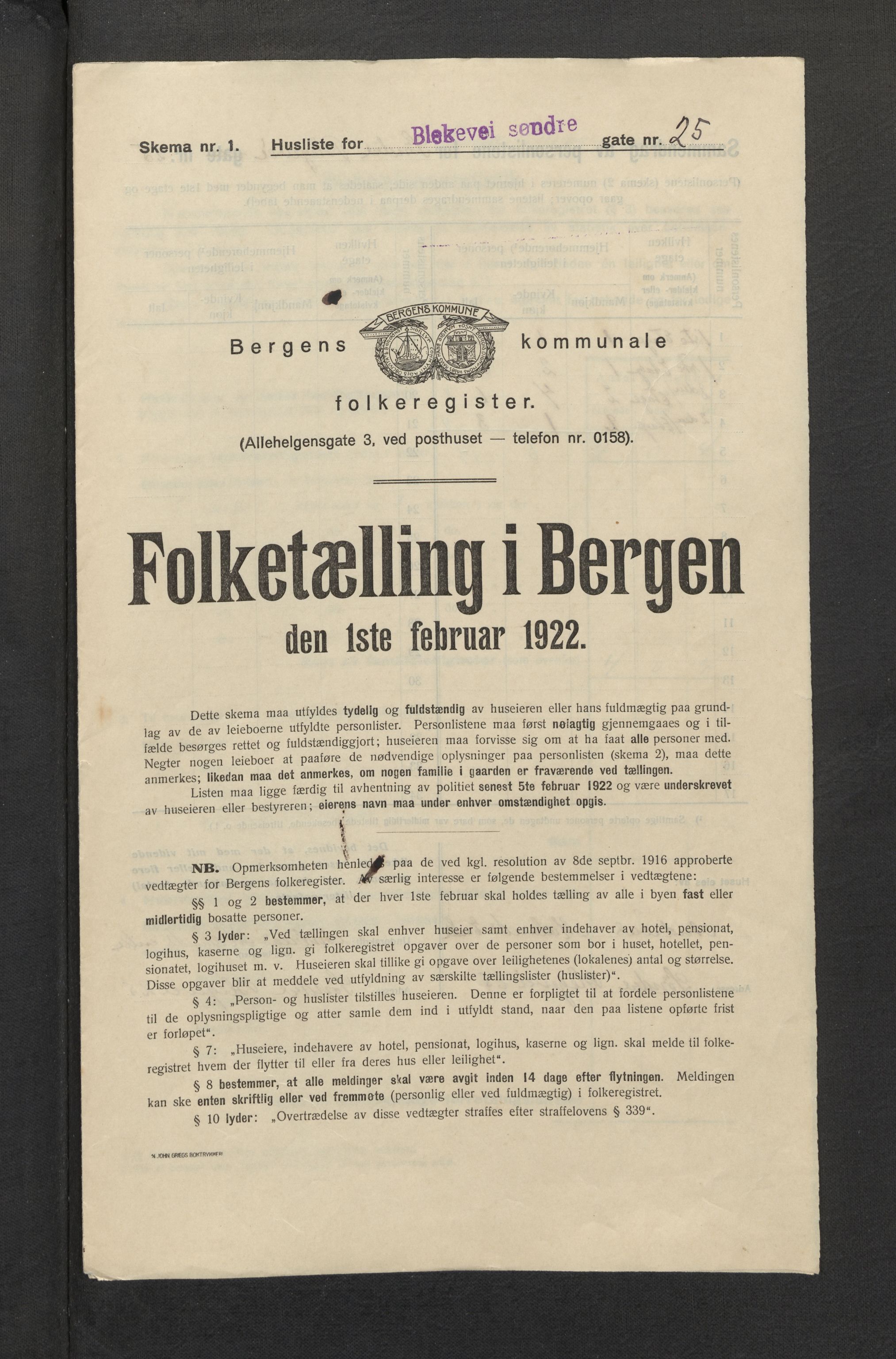 SAB, Kommunal folketelling 1922 for Bergen kjøpstad, 1922, s. 3375