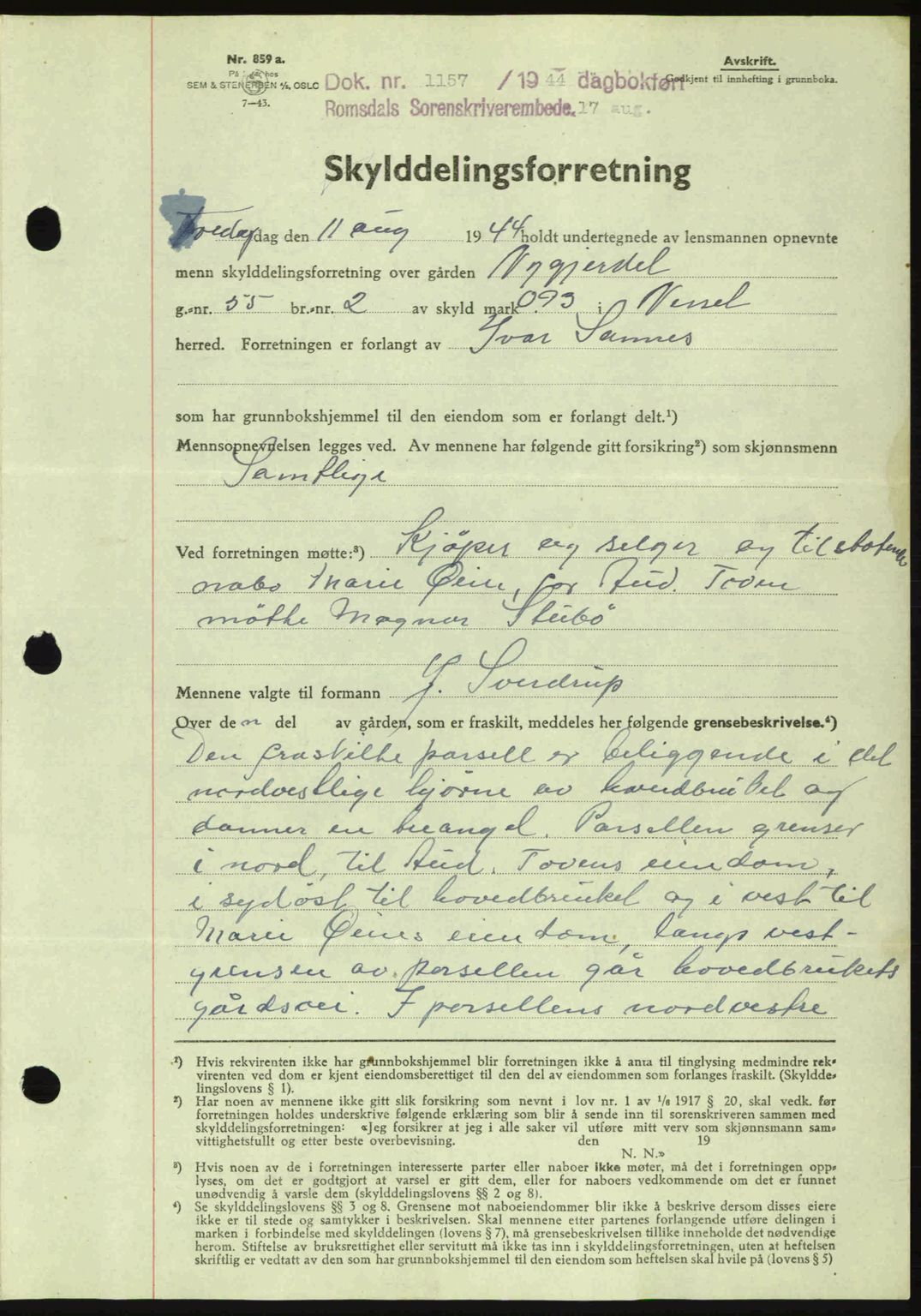 Romsdal sorenskriveri, SAT/A-4149/1/2/2C: Pantebok nr. A16, 1944-1944, Dagboknr: 1157/1944