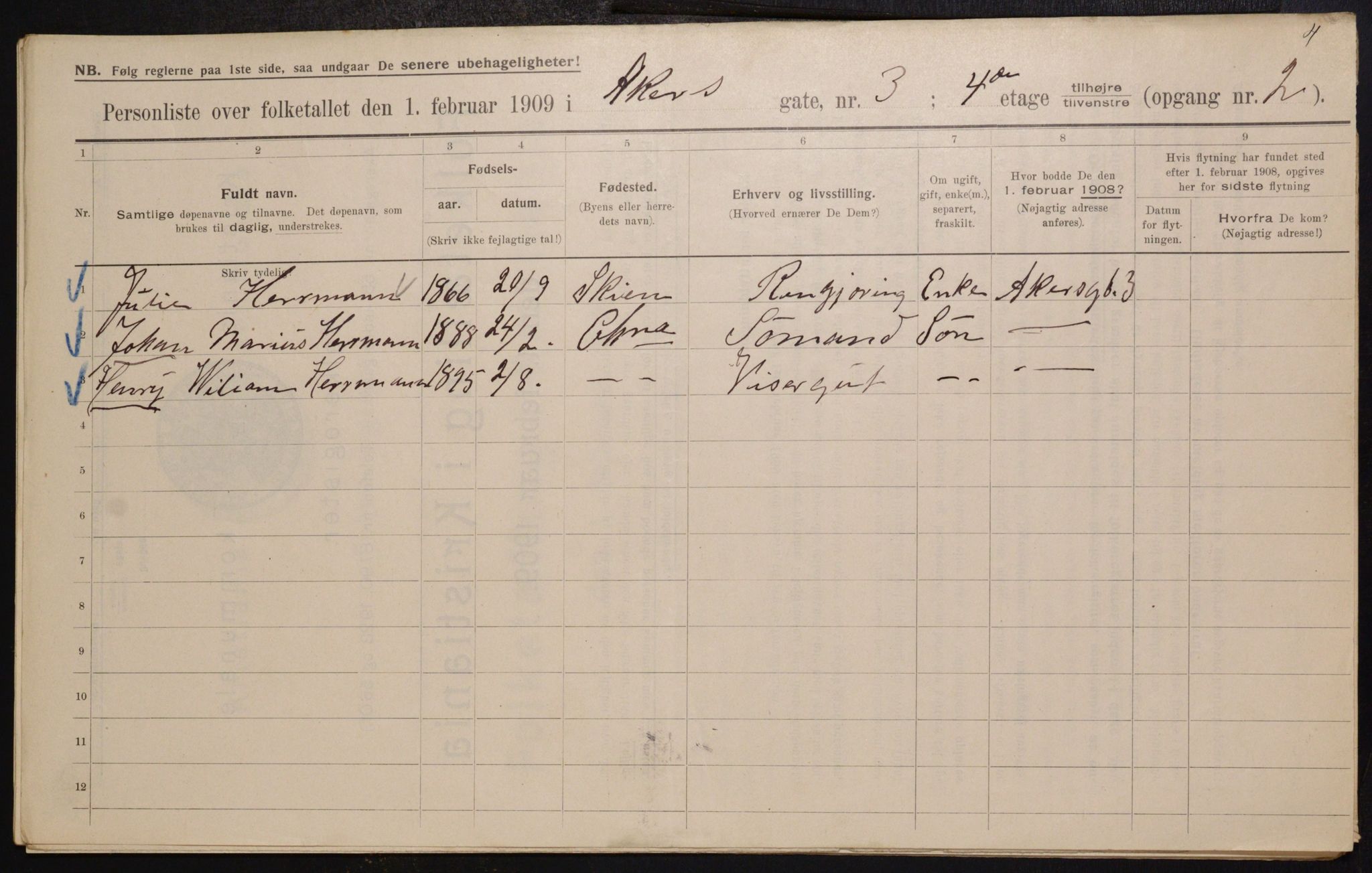 OBA, Kommunal folketelling 1.2.1909 for Kristiania kjøpstad, 1909, s. 313