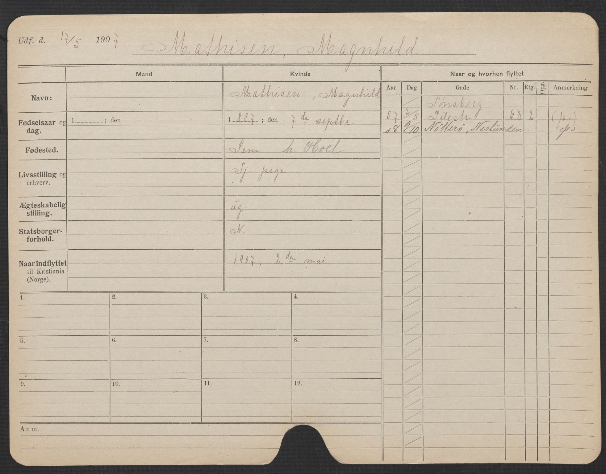 Oslo folkeregister, Registerkort, SAO/A-11715/F/Fa/Fac/L0020: Kvinner, 1906-1914, s. 726a