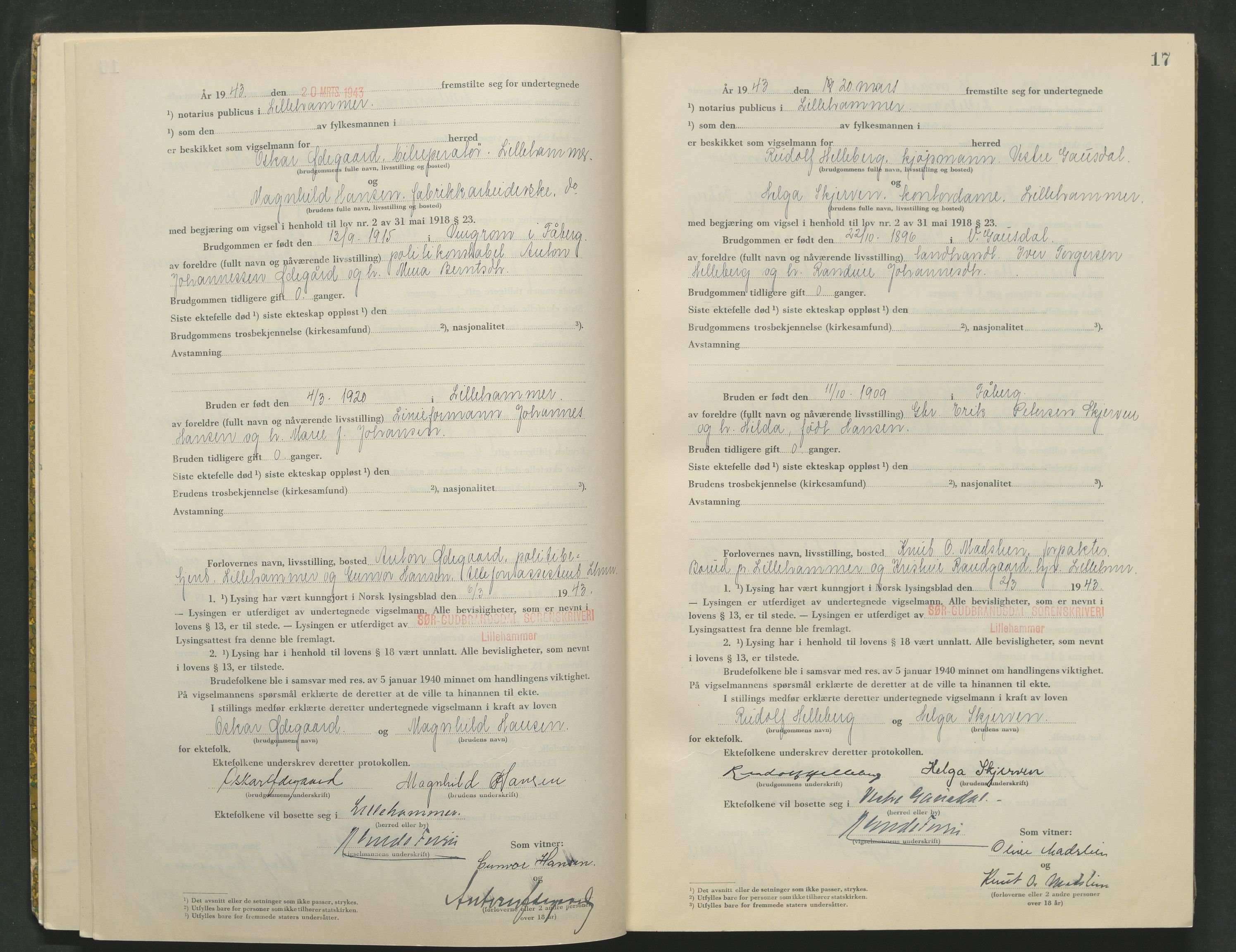 Sør-Gudbrandsdal tingrett, AV/SAH-TING-004/L/Lc/L0003: Vigselsprotokoll, 1943, s. 17