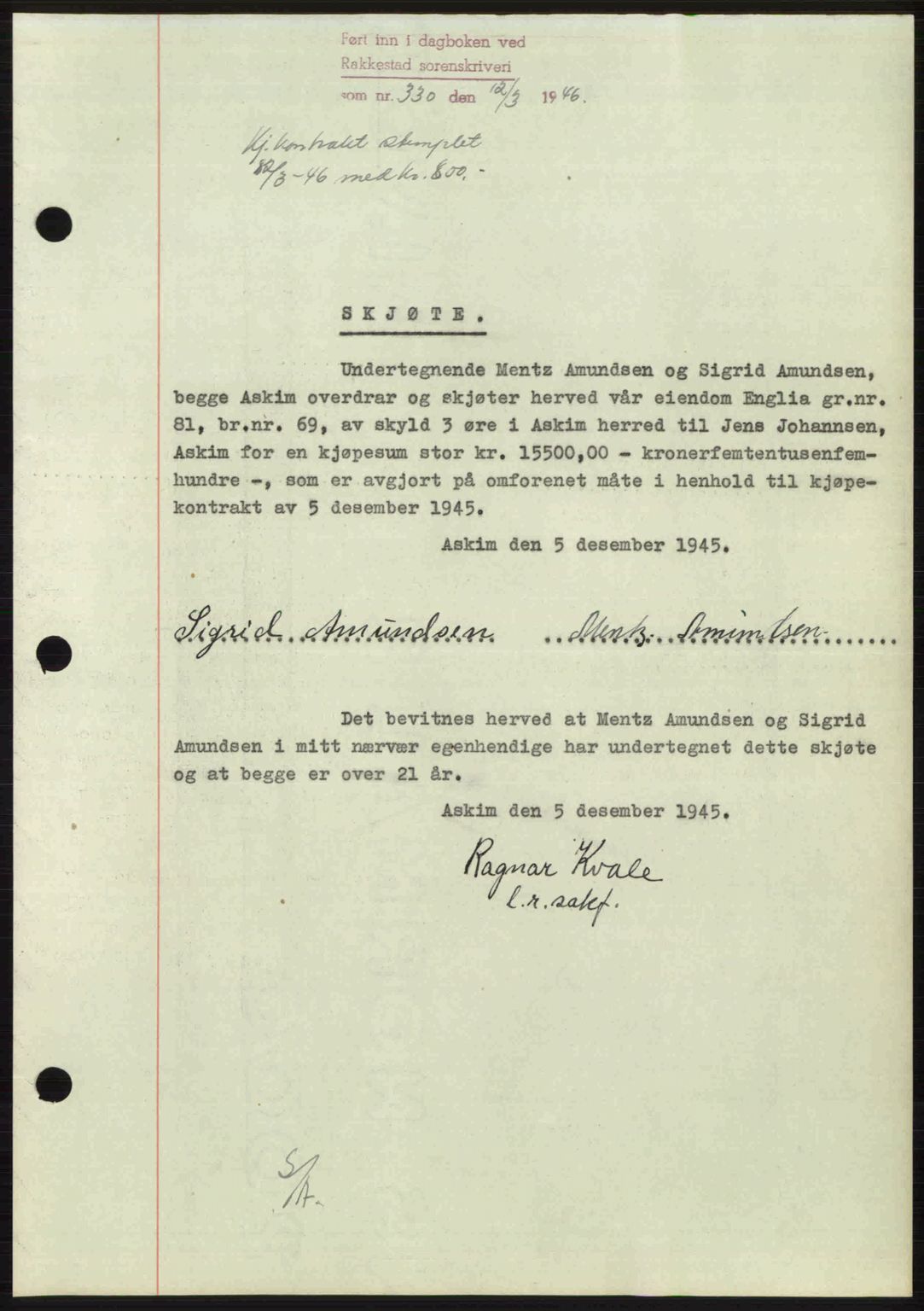 Rakkestad sorenskriveri, AV/SAO-A-10686/G/Gb/Gba/Gbab/L0012a: Pantebok nr. A12 I, 1945-1946, Dagboknr: 330/1946