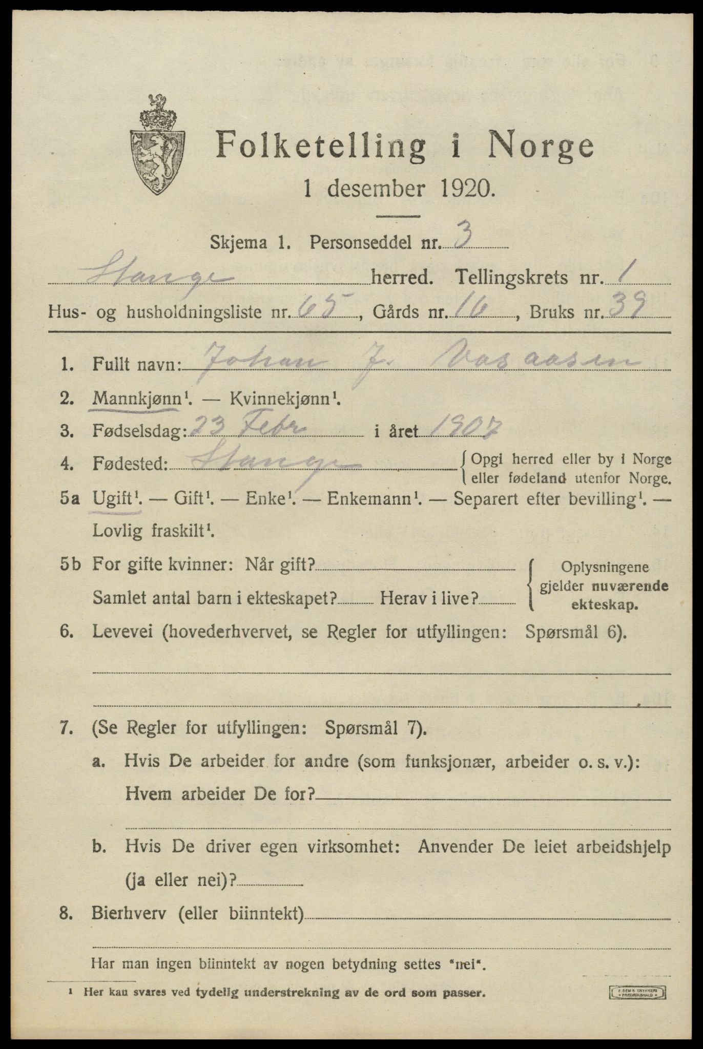 SAH, Folketelling 1920 for 0417 Stange herred, 1920, s. 3687