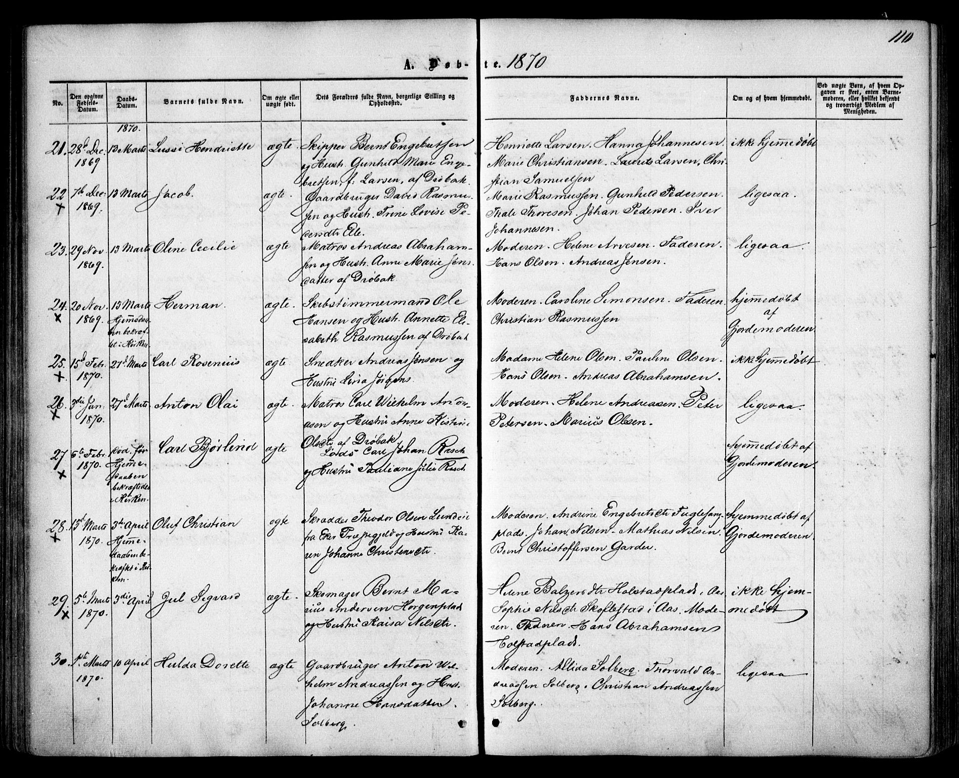 Drøbak prestekontor Kirkebøker, AV/SAO-A-10142a/F/Fa/L0002: Ministerialbok nr. I 2, 1858-1870, s. 110