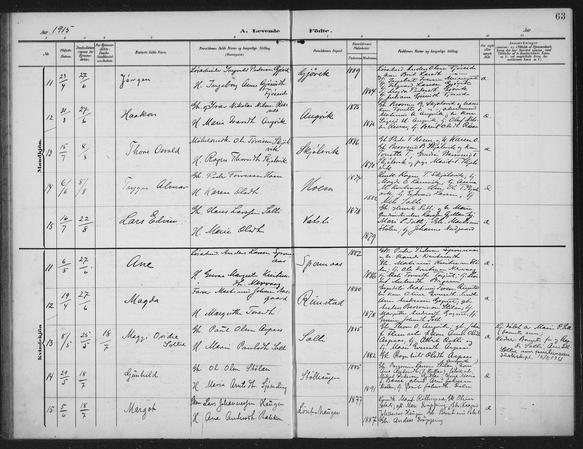 Ministerialprotokoller, klokkerbøker og fødselsregistre - Møre og Romsdal, AV/SAT-A-1454/586/L0989: Ministerialbok nr. 586A15, 1906-1915, s. 63