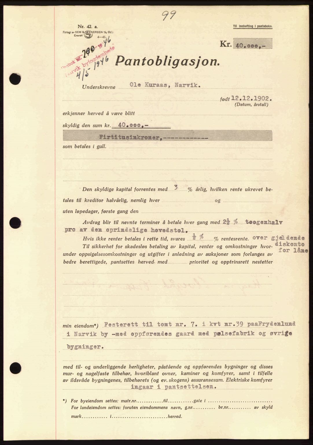 Narvik sorenskriveri, SAT/A-0002/1/2/2C/2Ca: Pantebok nr. A21, 1946-1947, Dagboknr: 200/1946