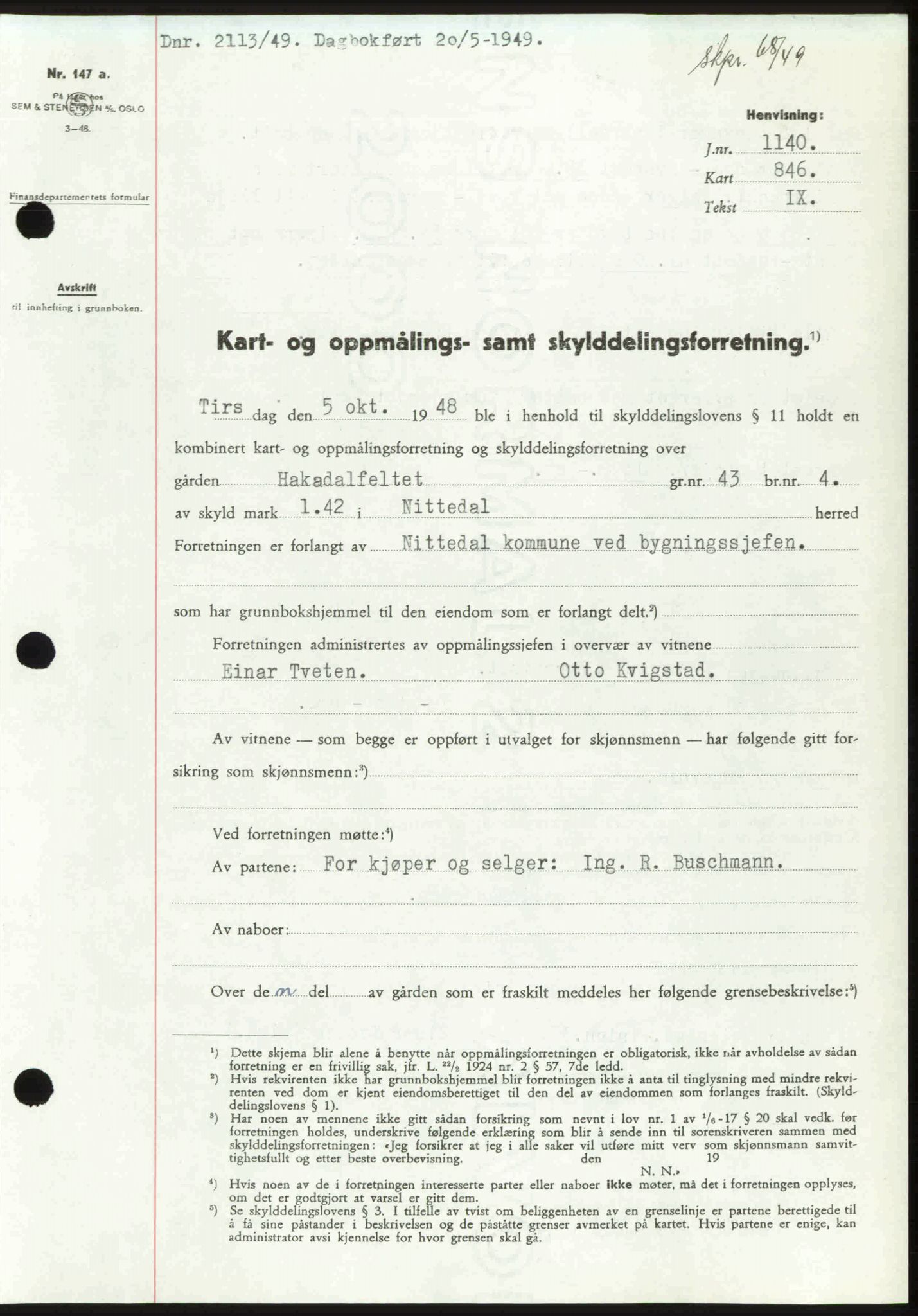 Nedre Romerike sorenskriveri, SAO/A-10469/G/Gb/Gbd/L0025: Pantebok nr. 25, 1949-1949, Dagboknr: 2113/1949