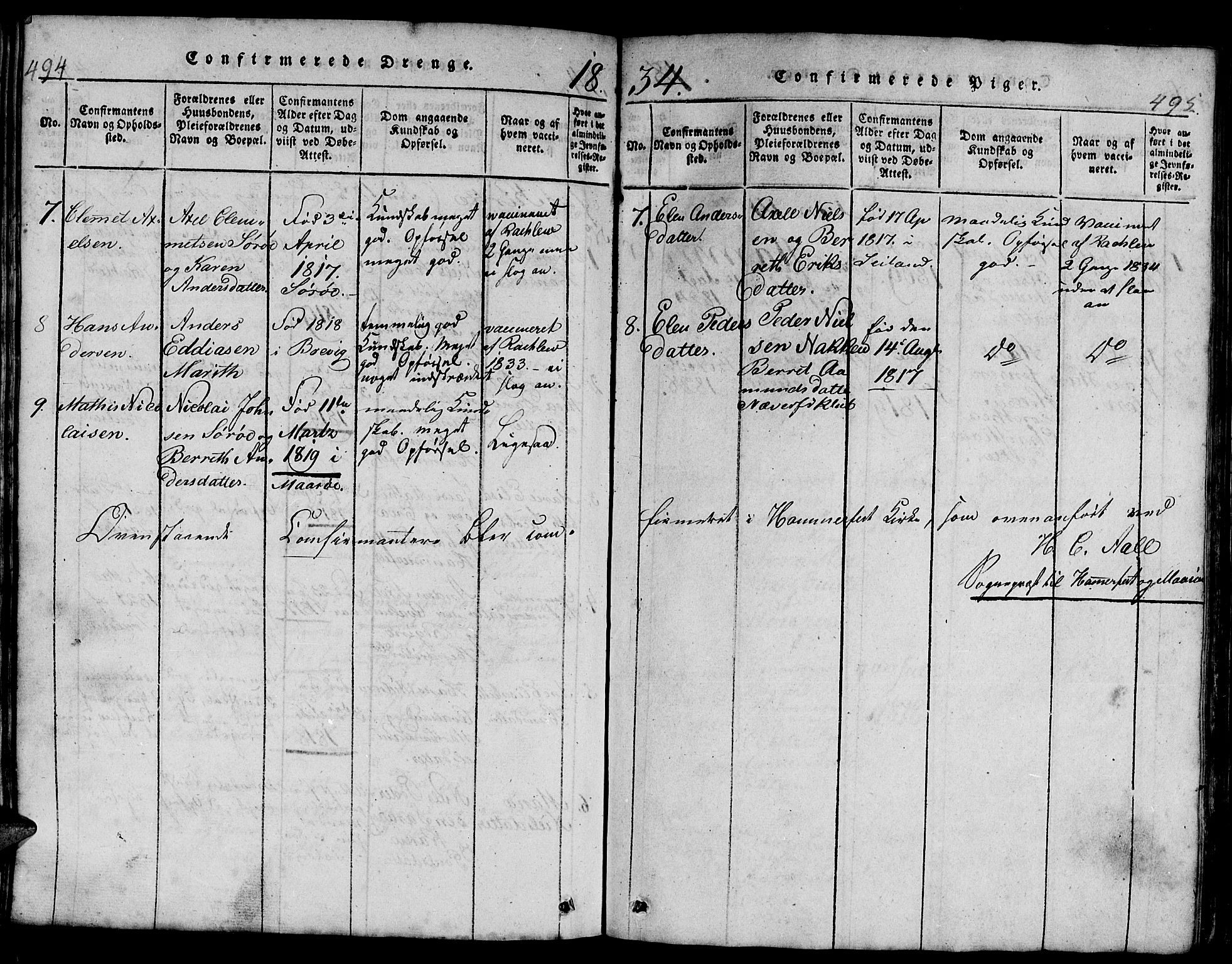 Hammerfest sokneprestkontor, AV/SATØ-S-1347/H/Hb/L0001.klokk: Klokkerbok nr. 1, 1822-1850, s. 494-495