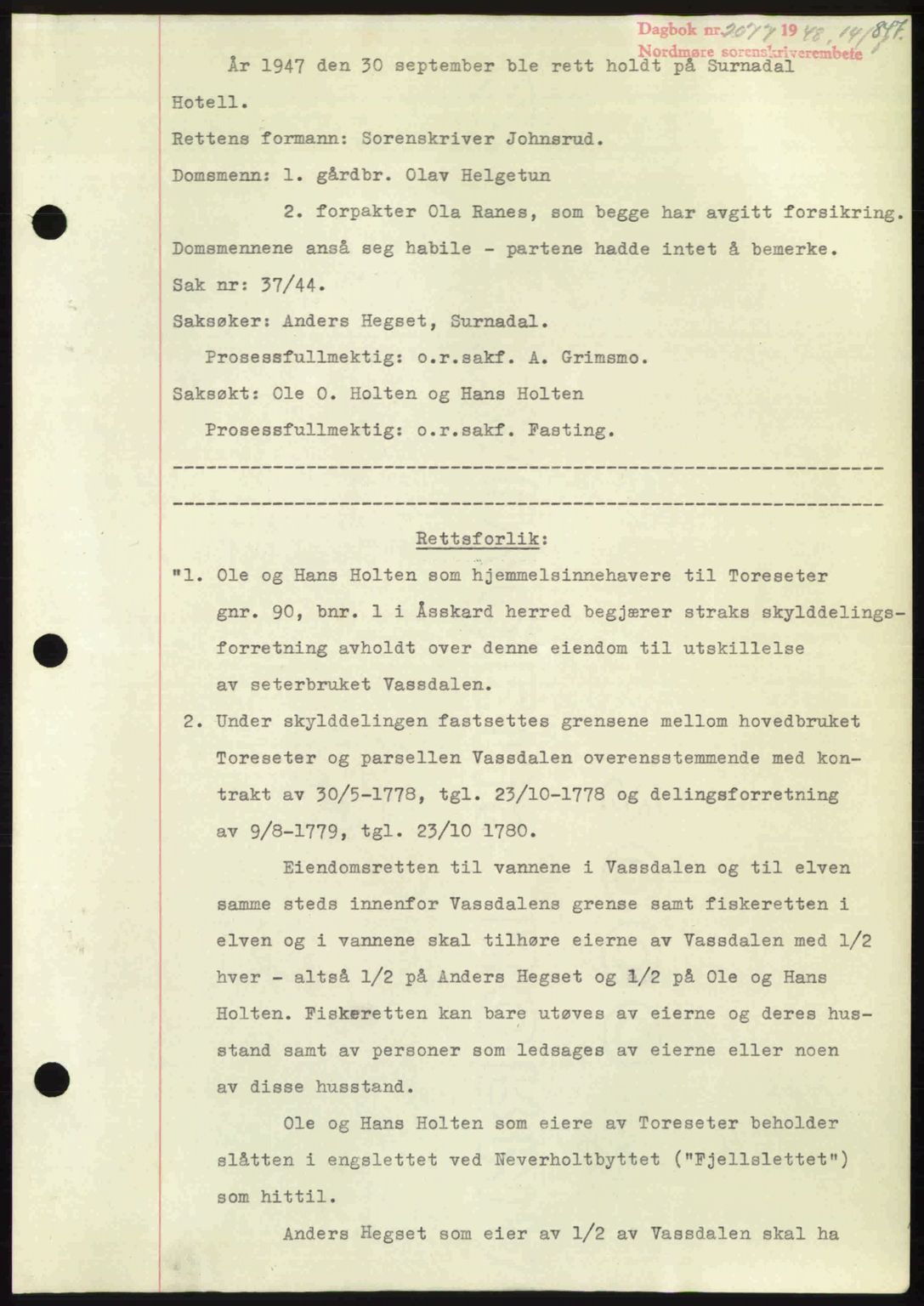 Nordmøre sorenskriveri, SAT/A-4132/1/2/2Ca: Pantebok nr. A108, 1948-1948, Dagboknr: 2077/1948