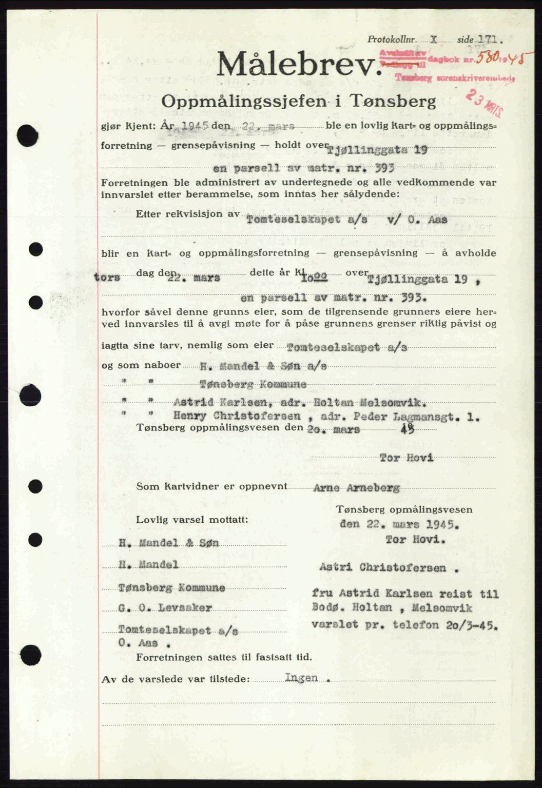 Tønsberg sorenskriveri, AV/SAKO-A-130/G/Ga/Gaa/L0016: Pantebok nr. A16, 1944-1945, Dagboknr: 580/1945