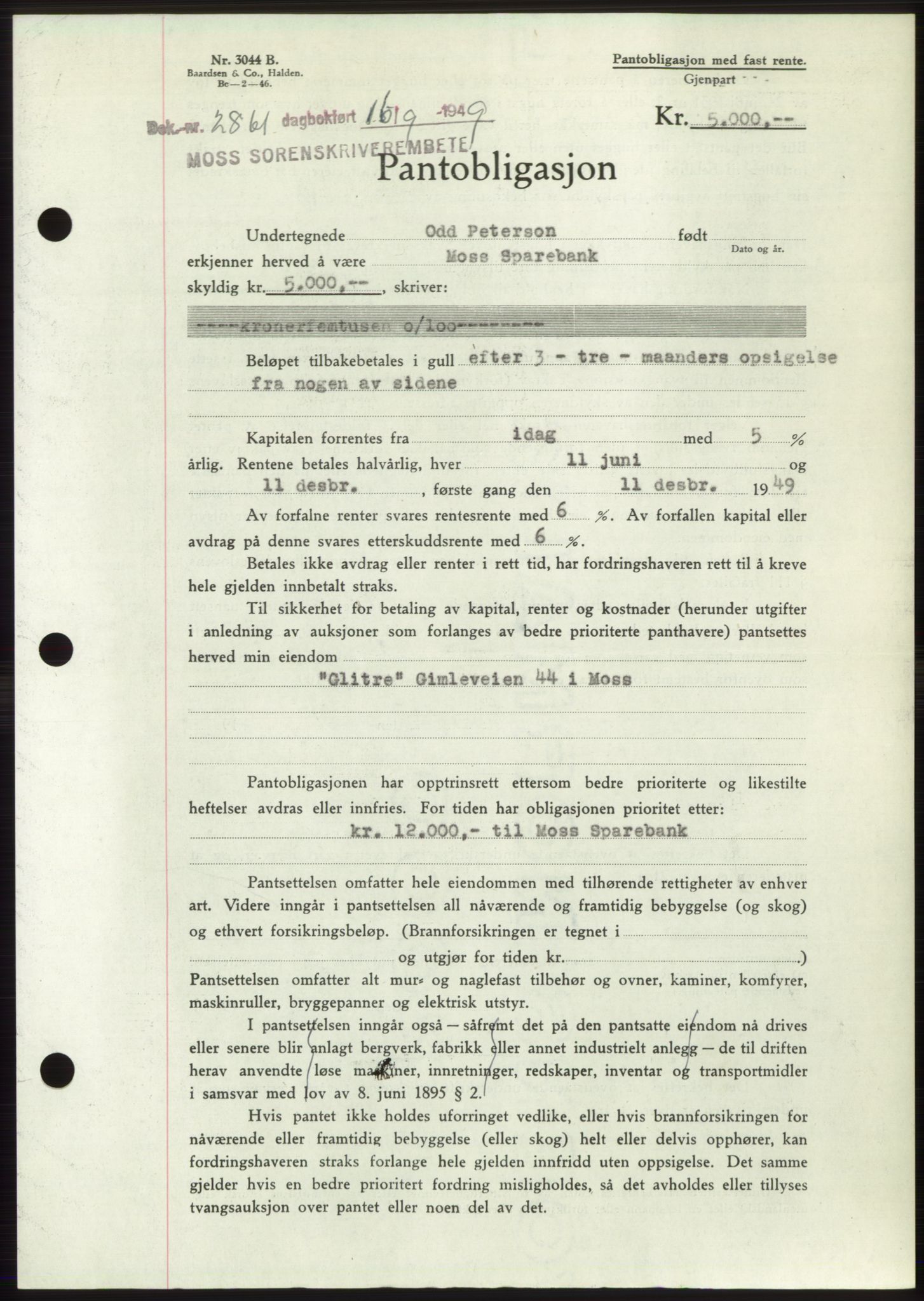 Moss sorenskriveri, SAO/A-10168: Pantebok nr. B22, 1949-1949, Dagboknr: 2861/1949