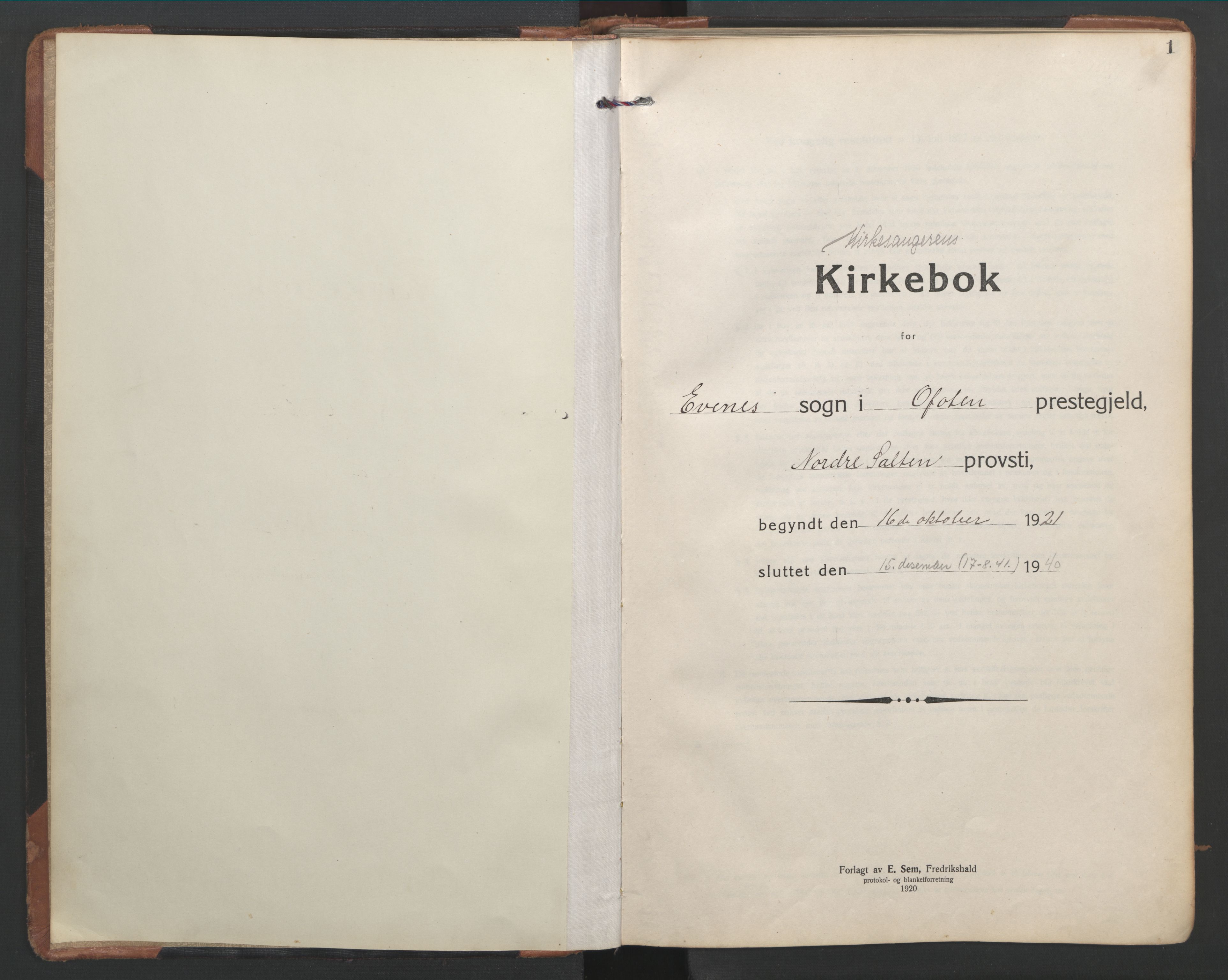 Ministerialprotokoller, klokkerbøker og fødselsregistre - Nordland, AV/SAT-A-1459/863/L0919: Klokkerbok nr. 863C09, 1921-1941, s. 1