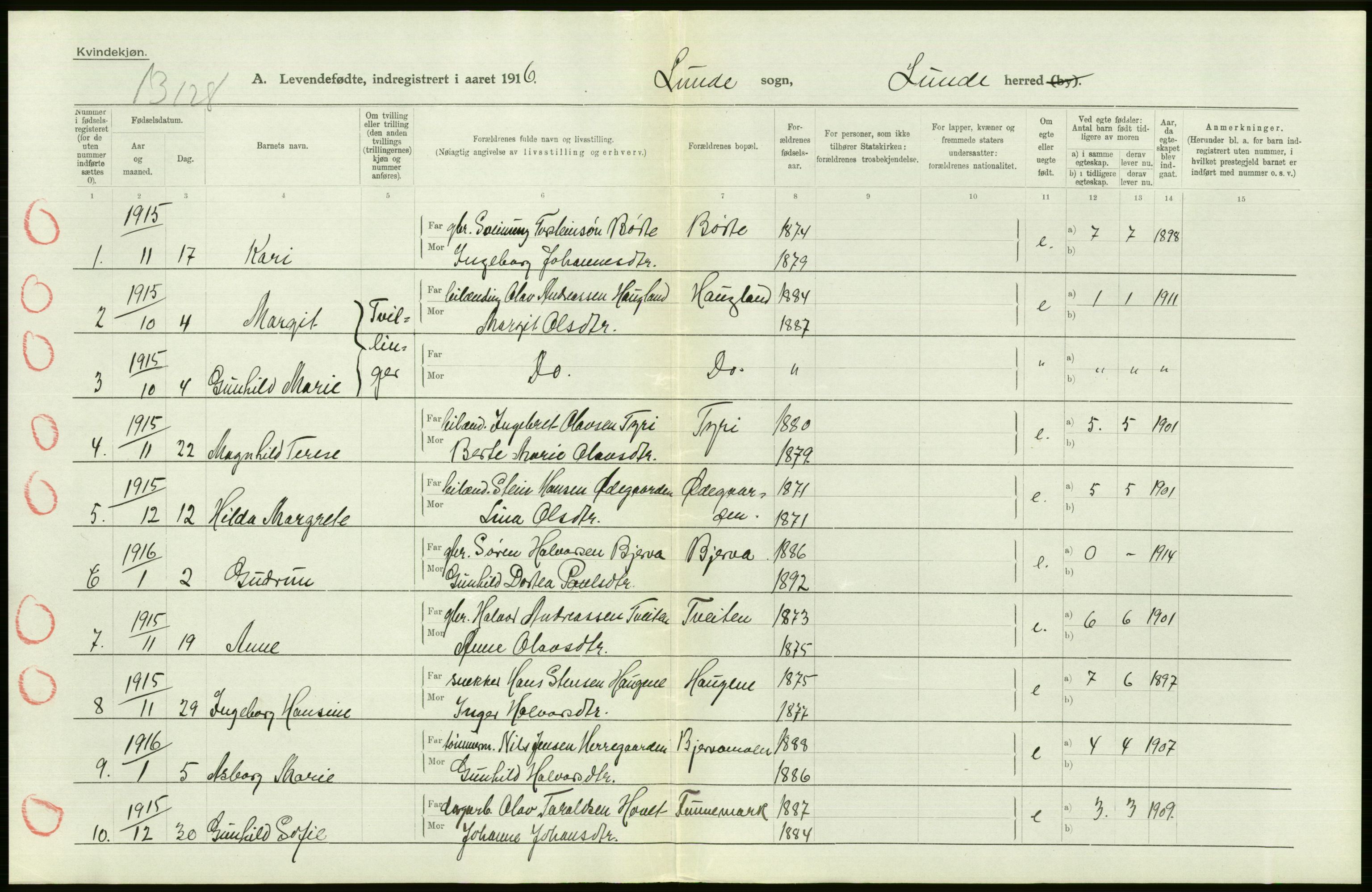 Statistisk sentralbyrå, Sosiodemografiske emner, Befolkning, AV/RA-S-2228/D/Df/Dfb/Dfbf/L0022: Bratsberg amt: Levendefødte menn og kvinner. Bygder., 1916, s. 300