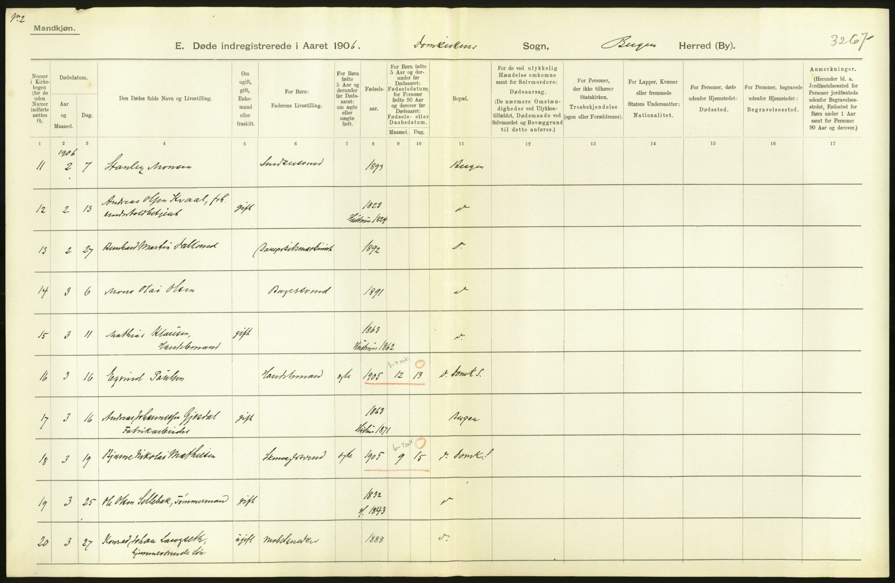 Statistisk sentralbyrå, Sosiodemografiske emner, Befolkning, AV/RA-S-2228/D/Df/Dfa/Dfad/L0032: Bergen: Gifte, døde, dødfødte., 1906, s. 12