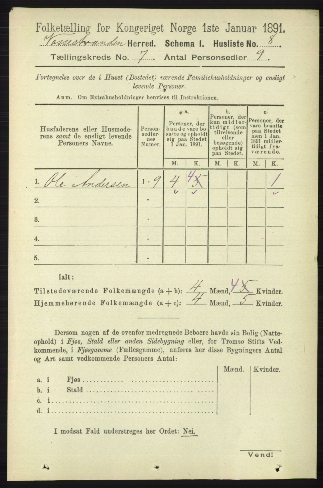 RA, Folketelling 1891 for 1236 Vossestrand herred, 1891, s. 2320