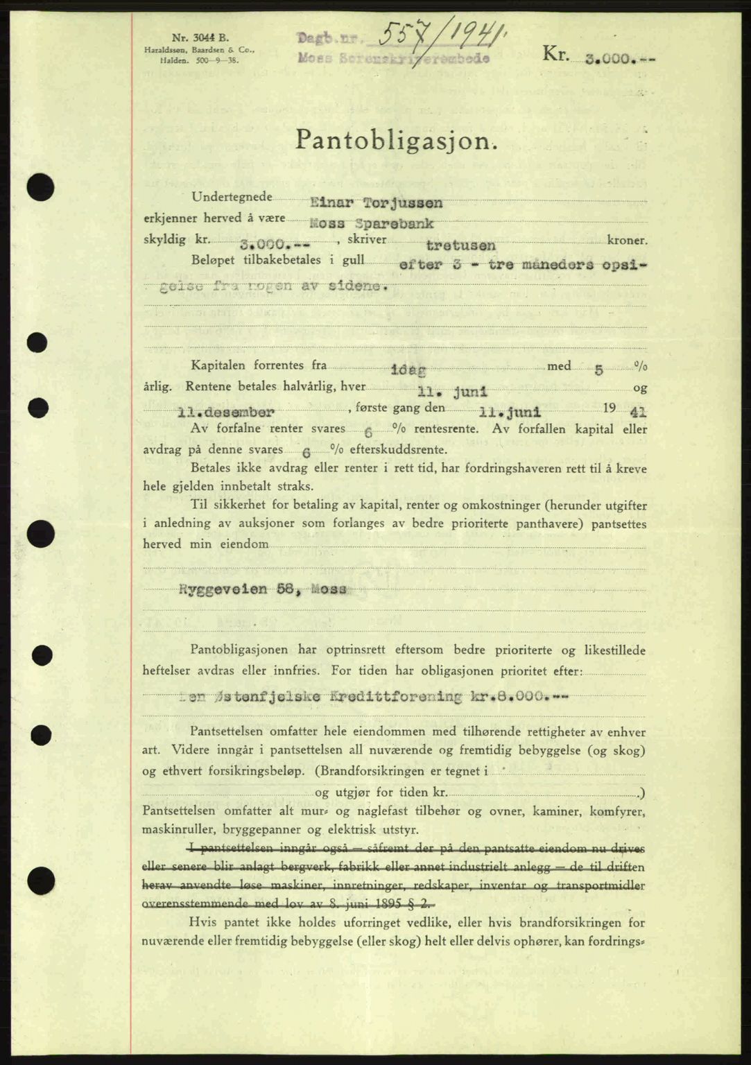 Moss sorenskriveri, SAO/A-10168: Pantebok nr. B10, 1940-1941, Dagboknr: 557/1941