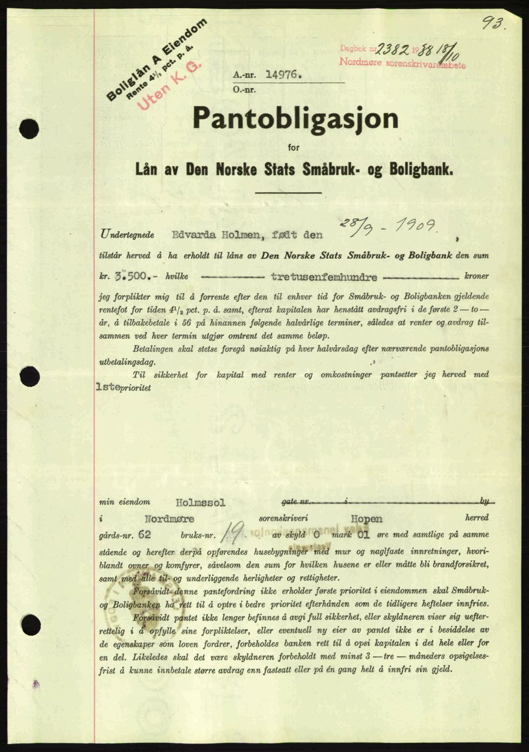 Nordmøre sorenskriveri, SAT/A-4132/1/2/2Ca: Pantebok nr. B84, 1938-1939, Dagboknr: 2382/1938