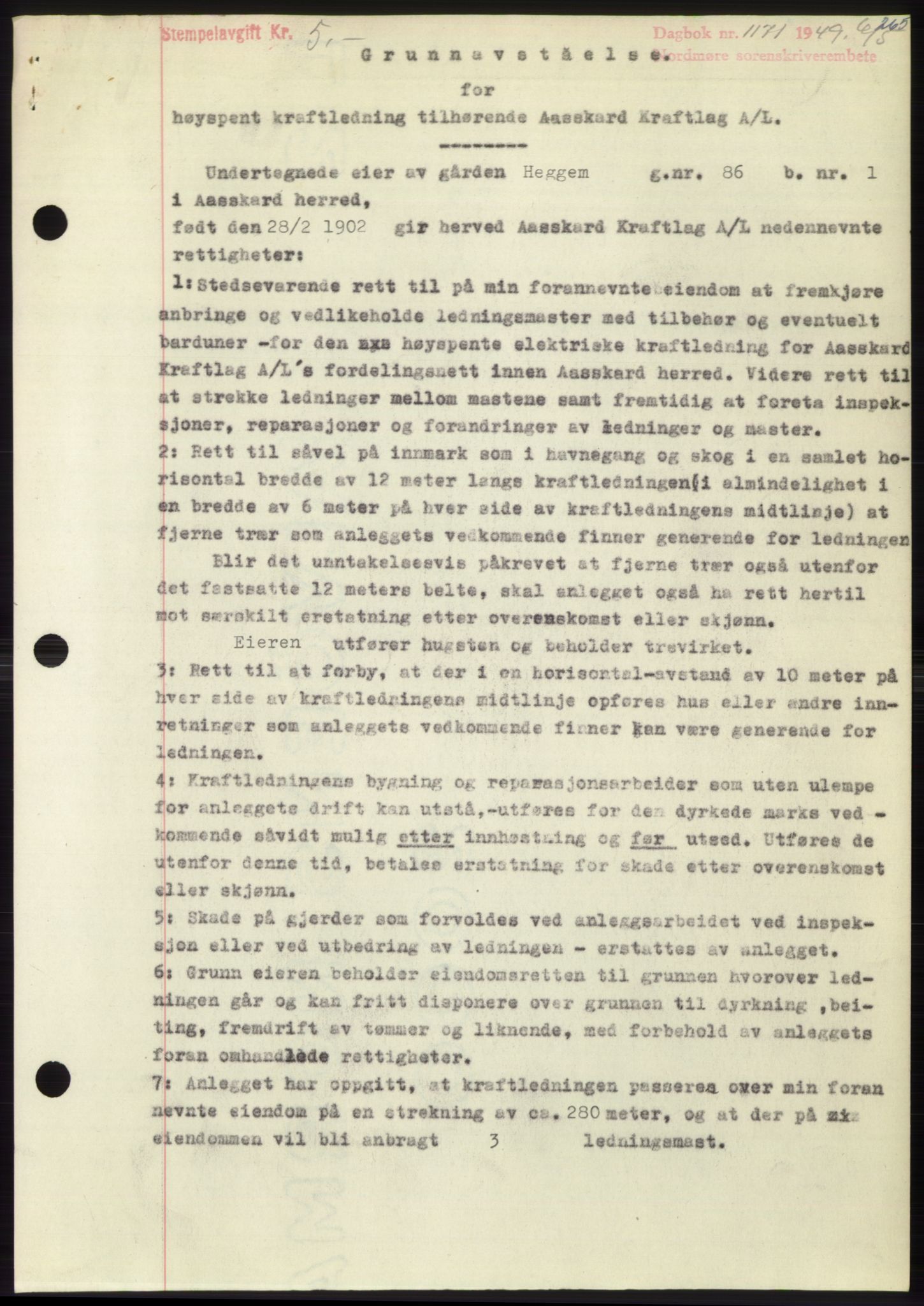 Nordmøre sorenskriveri, SAT/A-4132/1/2/2Ca: Pantebok nr. B101, 1949-1949, Dagboknr: 1171/1949