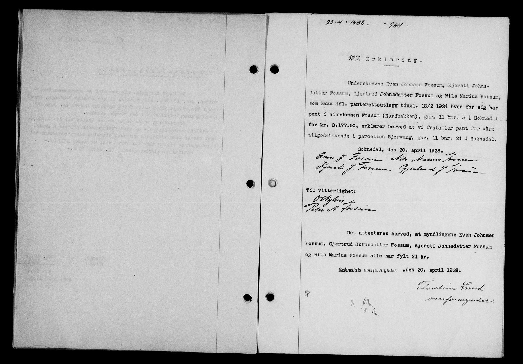 Gauldal sorenskriveri, SAT/A-0014/1/2/2C/L0048: Pantebok nr. 51-52, 1937-1938, s. 564, Dagboknr: 507/1938