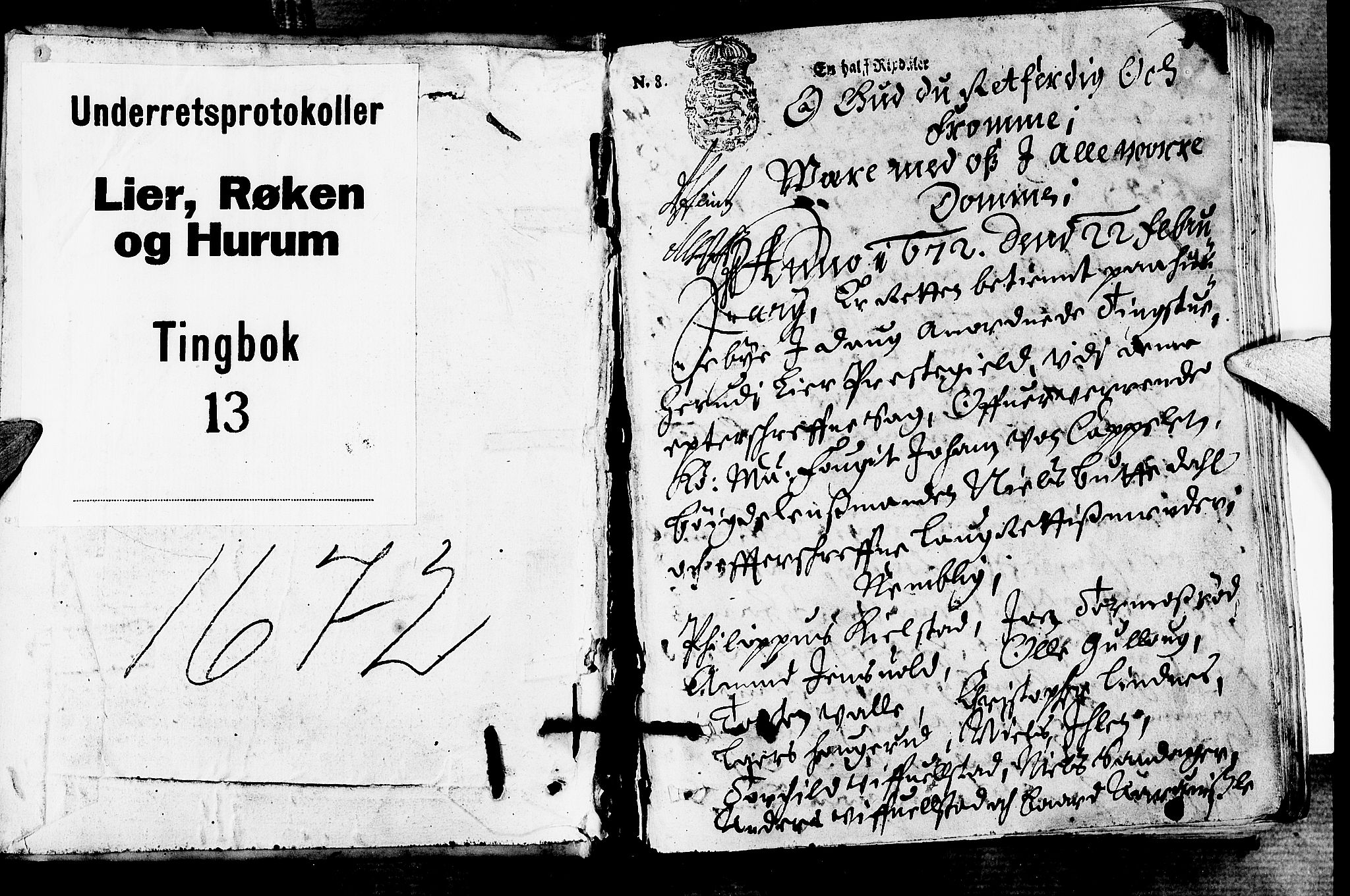 Lier, Røyken og Hurum sorenskriveri, SAKO/A-89/F/Fa/L0013: Tingbok, 1672, s. 1