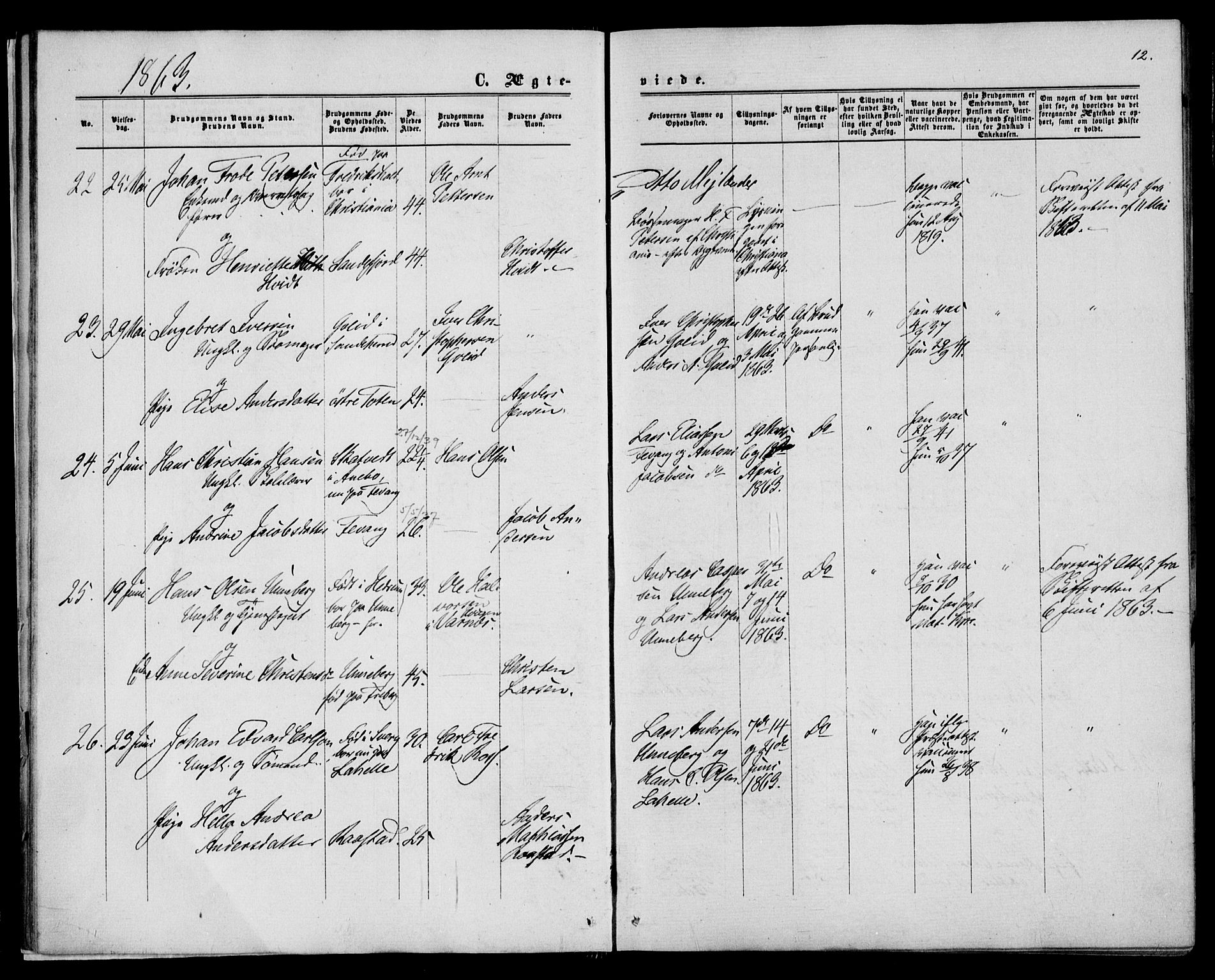 Sandar kirkebøker, AV/SAKO-A-243/F/Fa/L0009: Ministerialbok nr. 9, 1862-1871, s. 12