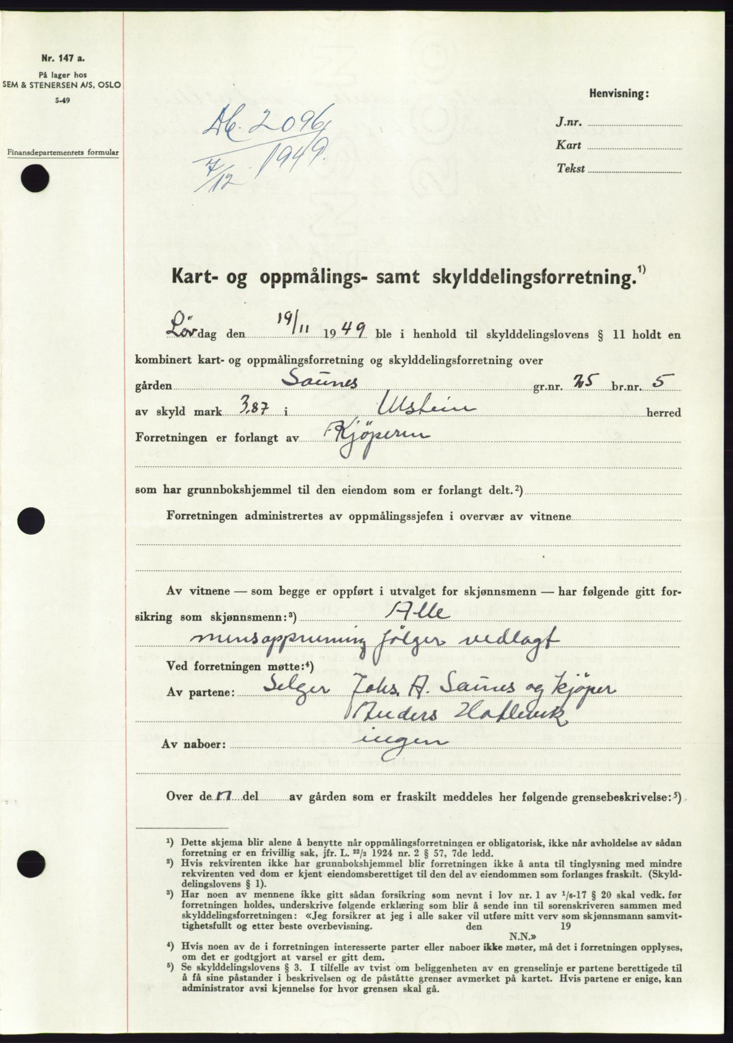Søre Sunnmøre sorenskriveri, SAT/A-4122/1/2/2C/L0085: Pantebok nr. 11A, 1949-1949, Dagboknr: 2096/1949