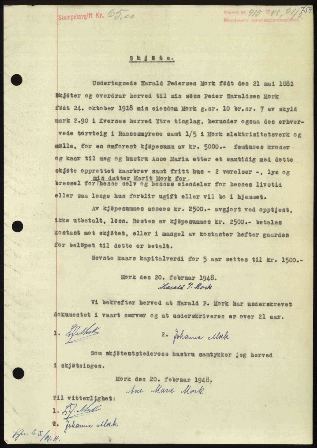 Nordmøre sorenskriveri, SAT/A-4132/1/2/2Ca: Pantebok nr. A107, 1947-1948, Dagboknr: 415/1948