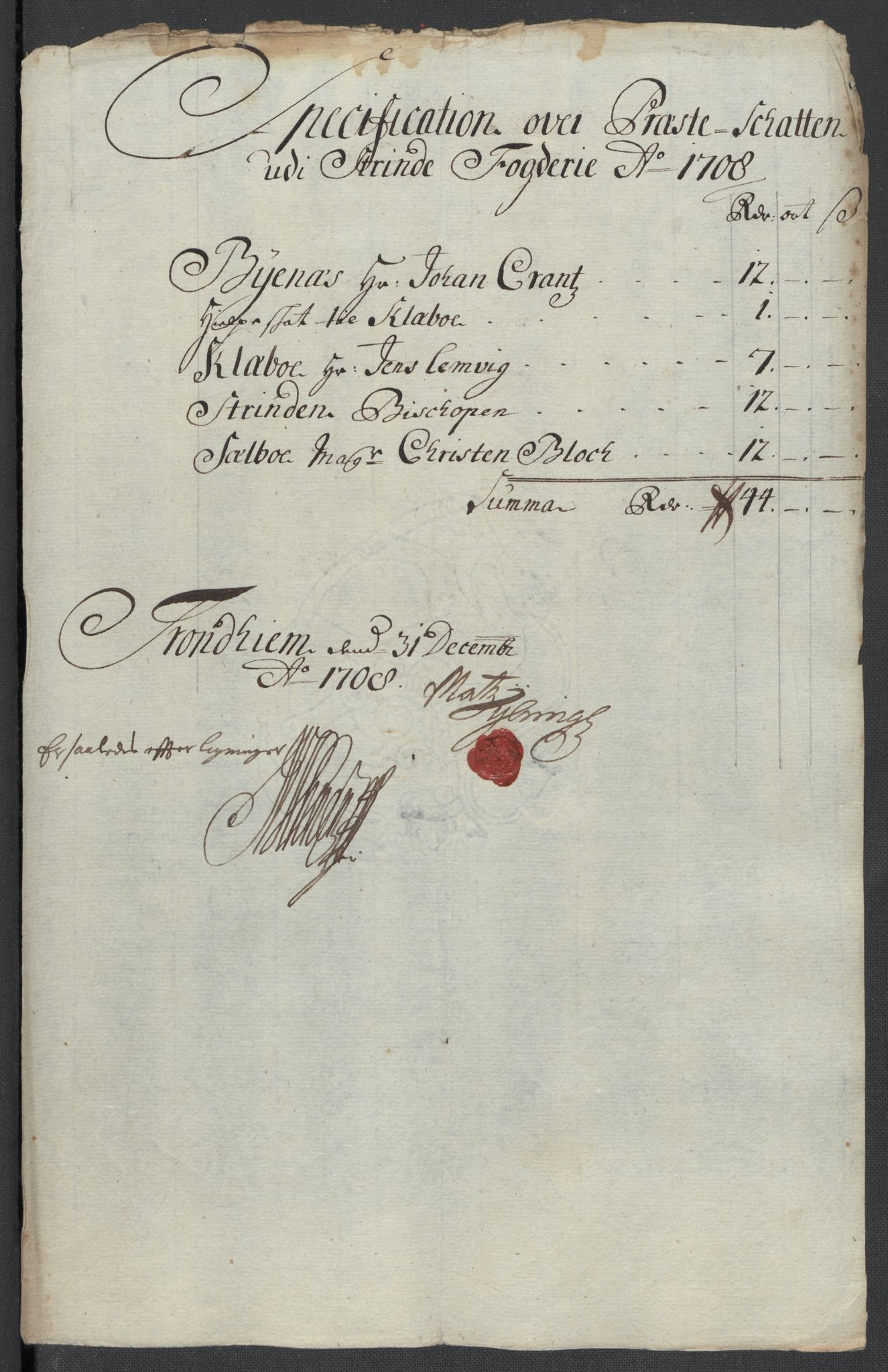 Rentekammeret inntil 1814, Reviderte regnskaper, Fogderegnskap, AV/RA-EA-4092/R61/L4110: Fogderegnskap Strinda og Selbu, 1707-1708, s. 367