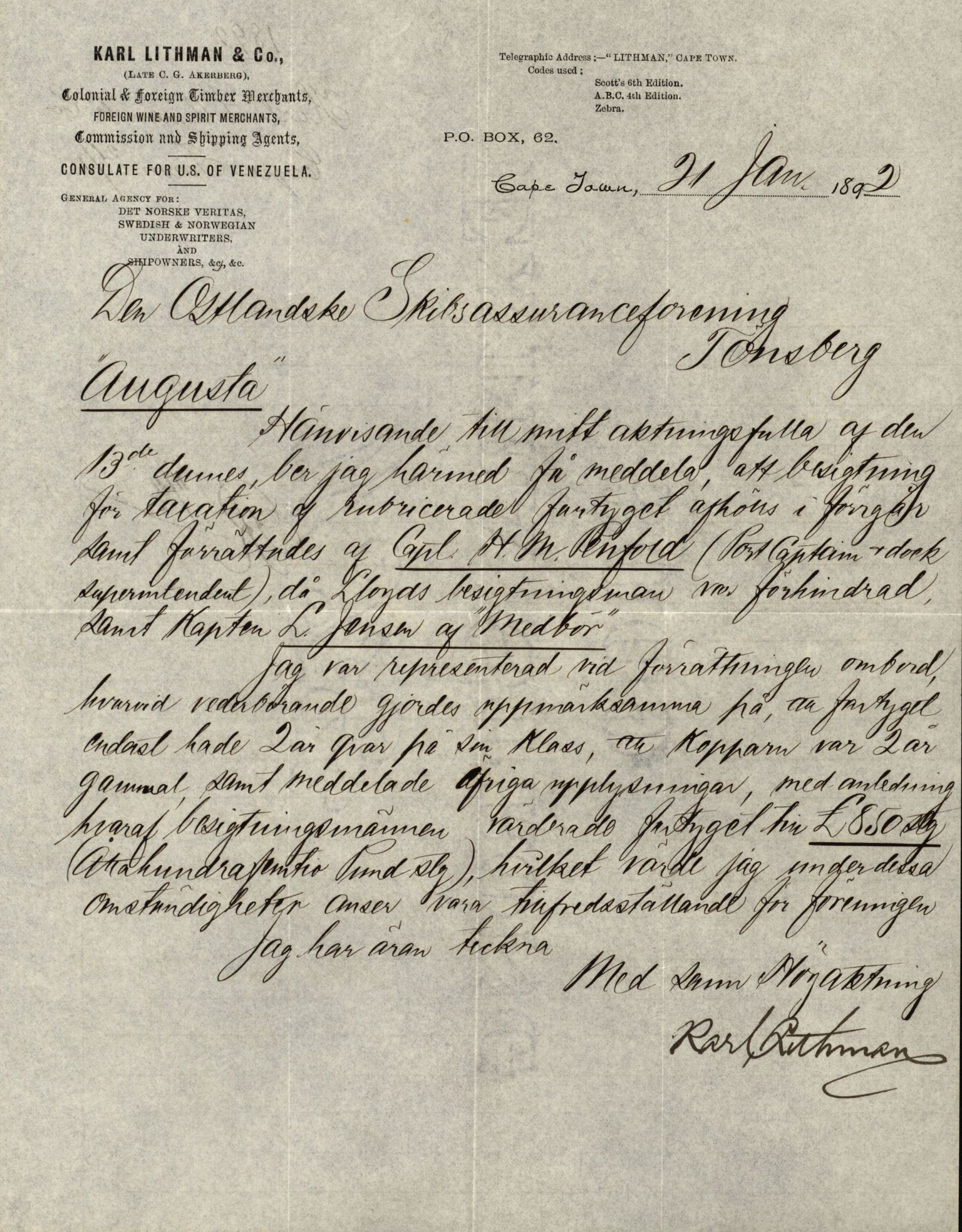 Pa 63 - Østlandske skibsassuranceforening, VEMU/A-1079/G/Ga/L0027/0004: Havaridokumenter / Avenir, Bertha, Augusta, Arctic, Black Hawk, 1891, s. 38