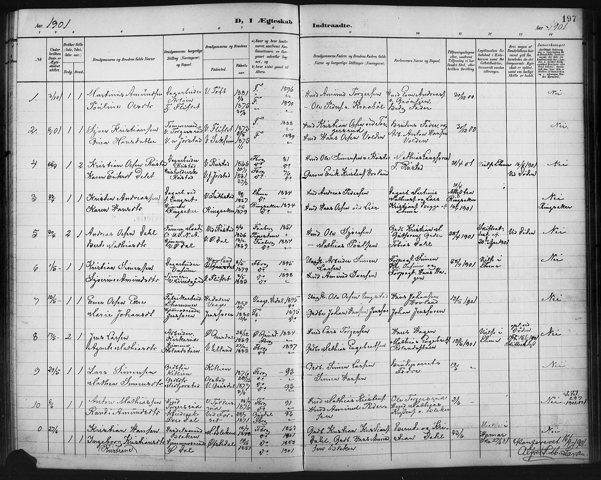 Fåberg prestekontor, AV/SAH-PREST-086/H/Ha/Hab/L0011: Klokkerbok nr. 11, 1901-1921, s. 197