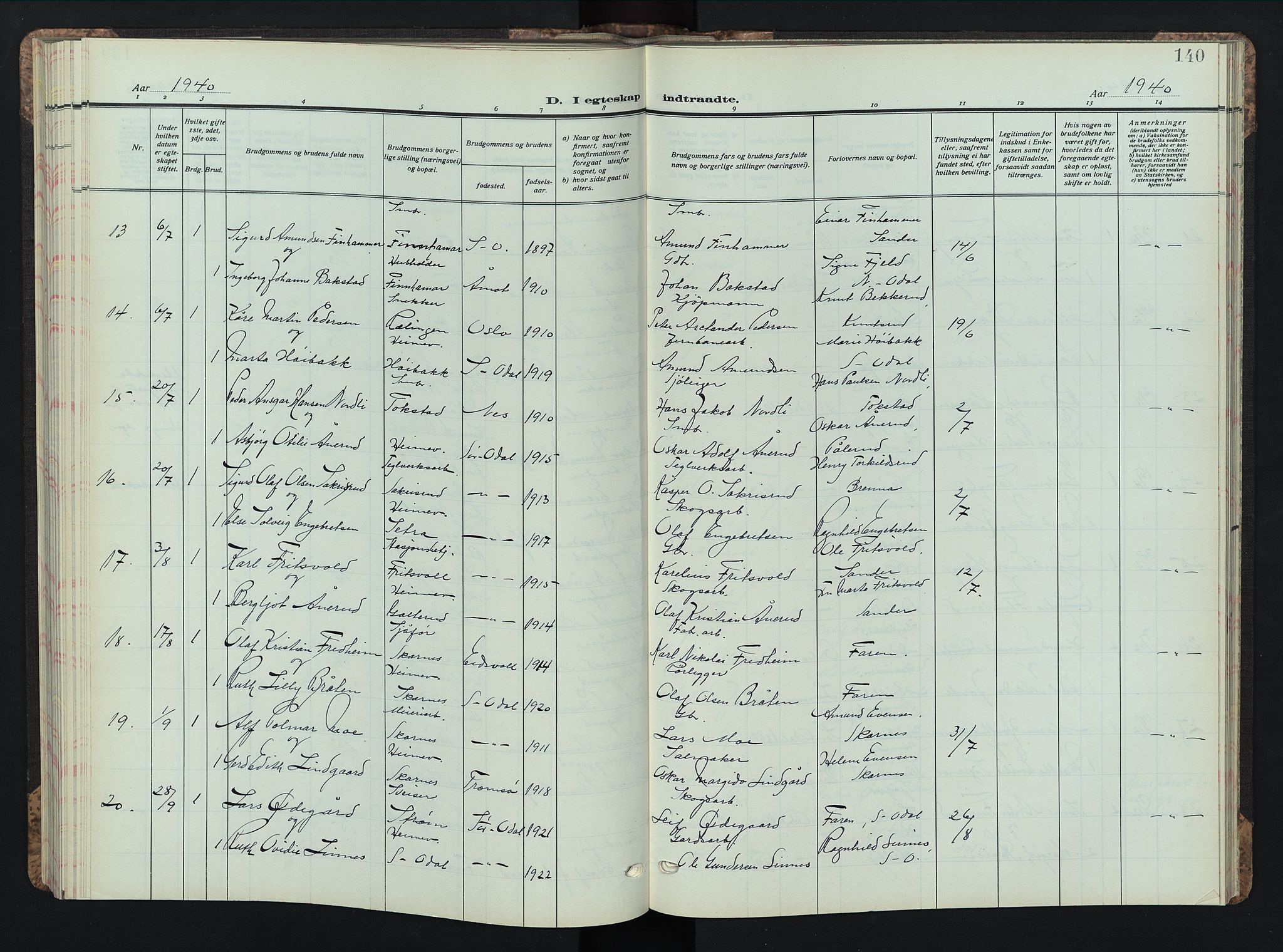 Sør-Odal prestekontor, AV/SAH-PREST-030/H/Ha/Hab/L0013: Klokkerbok nr. 13, 1933-1951, s. 140