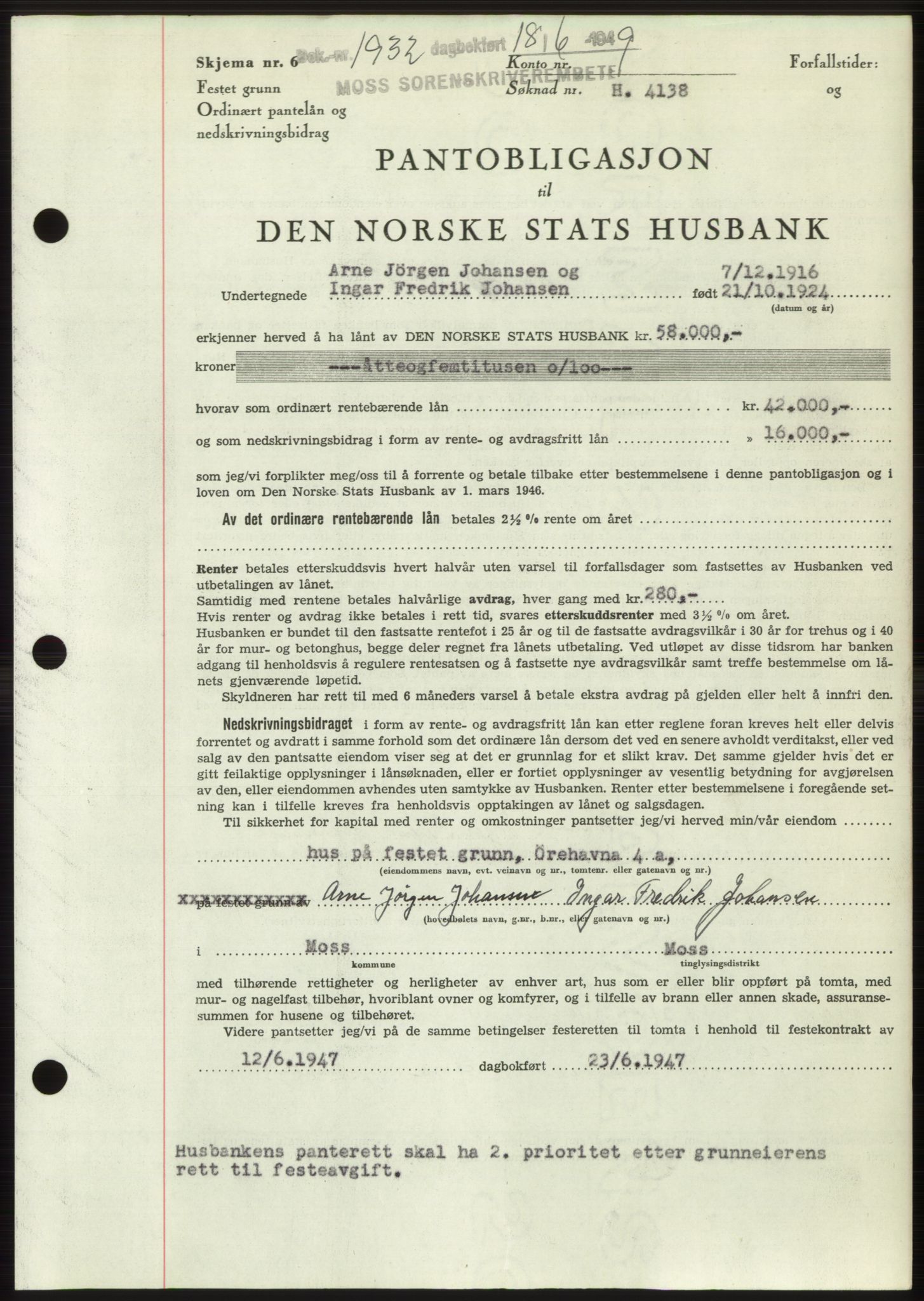 Moss sorenskriveri, SAO/A-10168: Pantebok nr. B22, 1949-1949, Dagboknr: 1932/1949