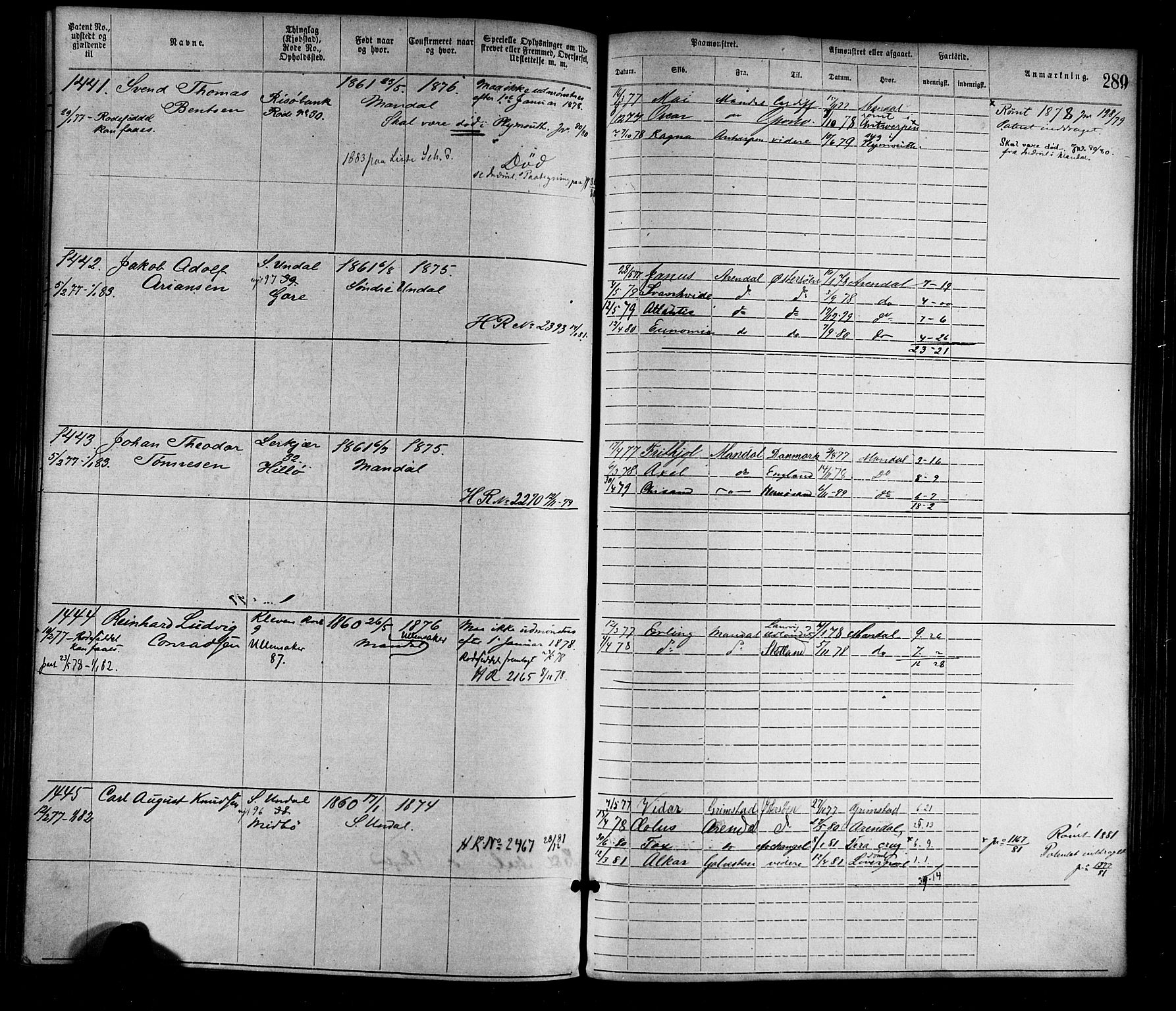 Mandal mønstringskrets, SAK/2031-0016/F/Fa/L0001: Annotasjonsrulle nr 1-1920 med register, L-3, 1869-1881, s. 326